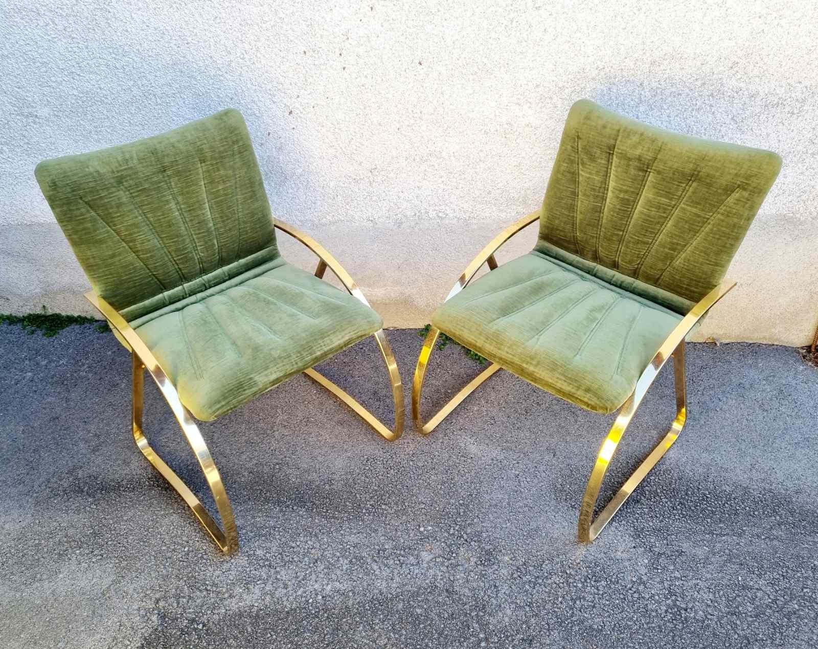 Pair Italian Modern Brick Green Velvet and Gold Chromed Metal Chairs, Italy 70s For Sale 4