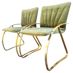 Pair Italian Modern Brick Green Velvet and Gold Chromed Metal Chairs, Italy 70s