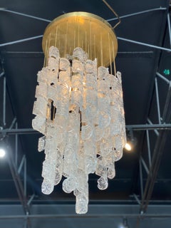 Pair of Italian Modern Hand Blown Glass and Brass Chandeliers, Mazzega