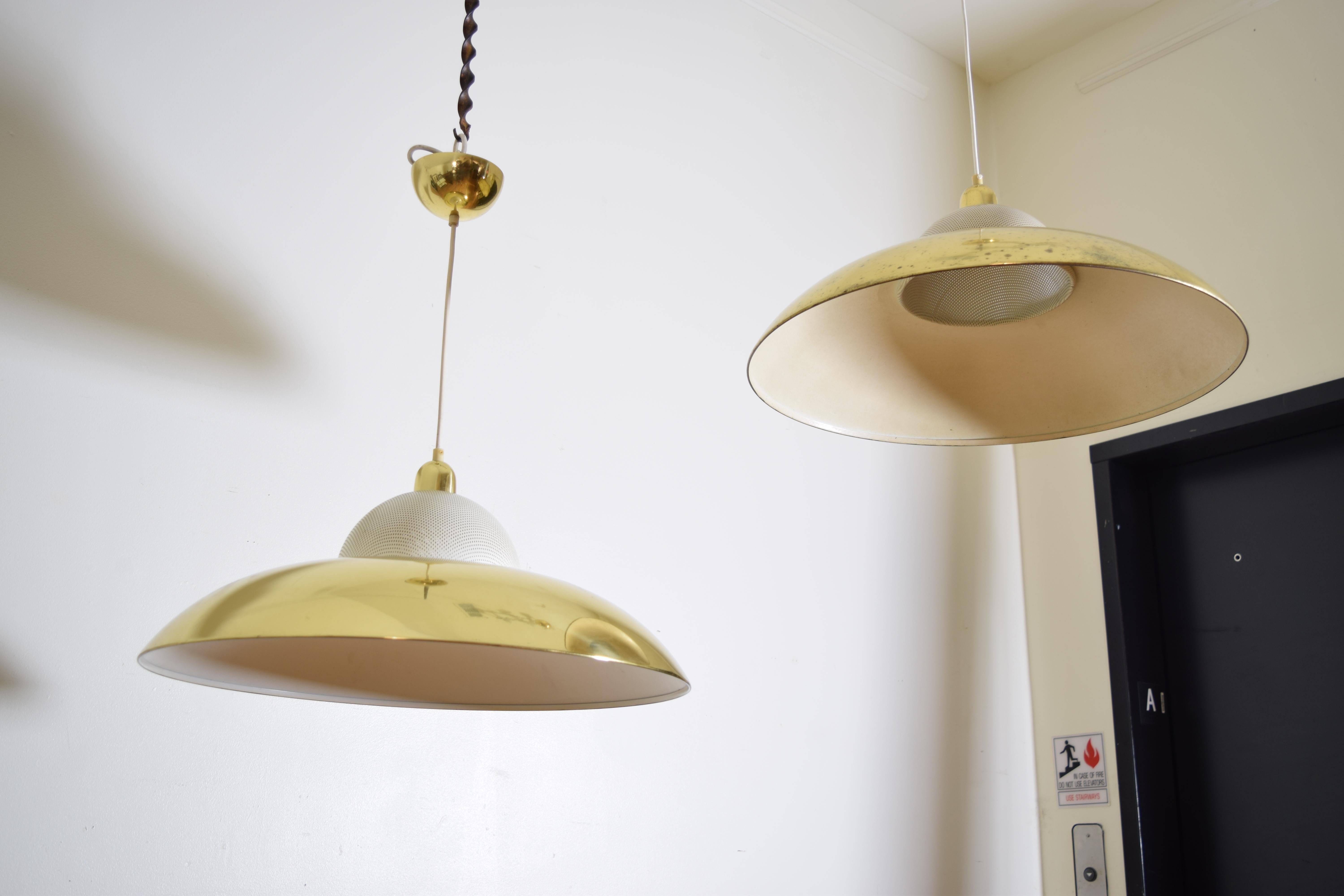 Pair Italian Modern Large Brass & Painted Metal Pendant Lights, ca. 1970 In Good Condition For Sale In Atlanta, GA
