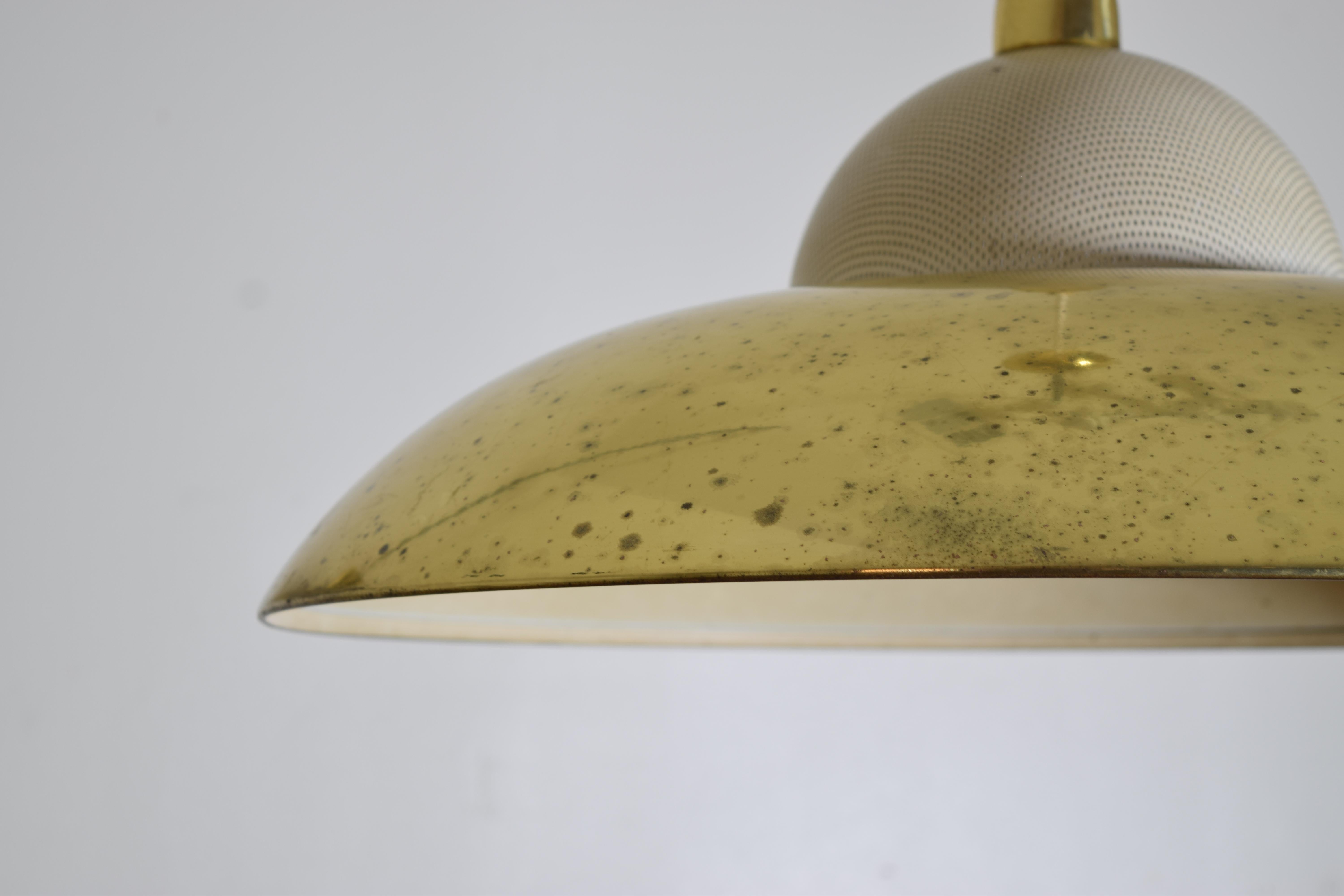 Late 20th Century Pair Italian Modern Large Brass & Painted Metal Pendant Lights, ca. 1970 For Sale