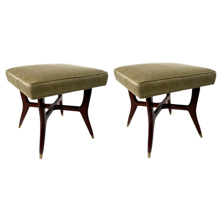 Pair of Mahogany and Brass Benches Attributed to Gio Ponti, 1950, Offered by Gary Rubinstein Antiques