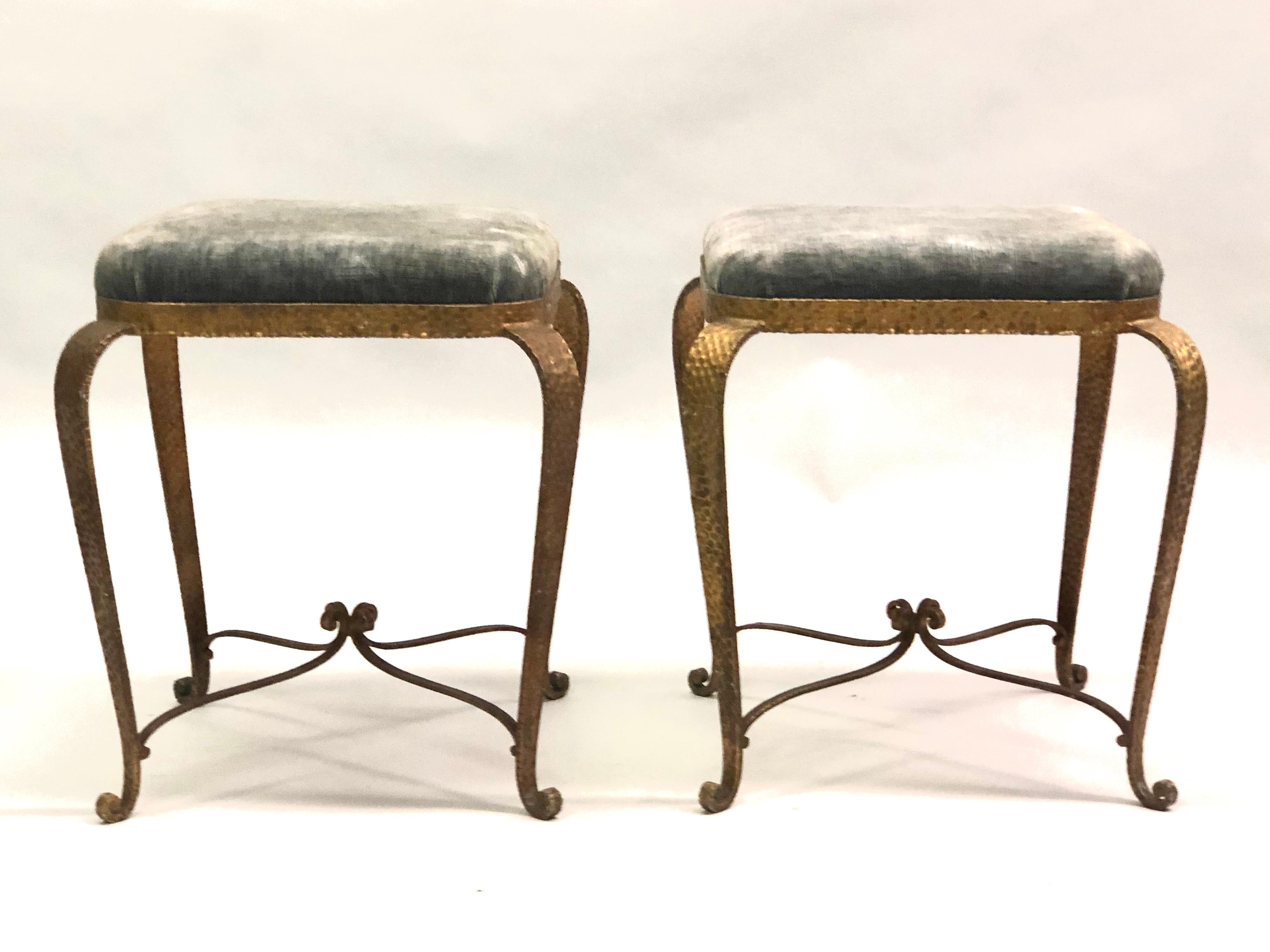 Mid-Century Modern Italian Modern Neoclassical Gilt Iron Stools / Benches by Pier Luigi Colli, Pair For Sale