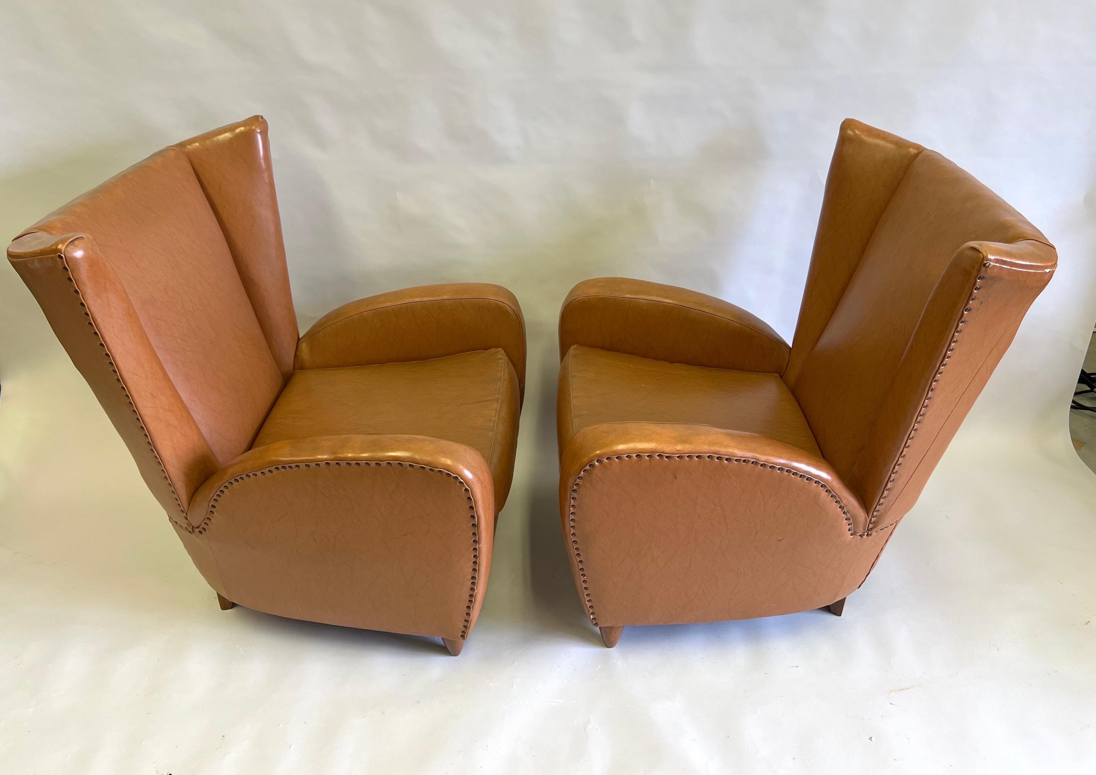 Mid-Century Modern Pair Italian Modern Neoclassical Wingback Leather Lounge Chairs by Paolo Buffa  For Sale