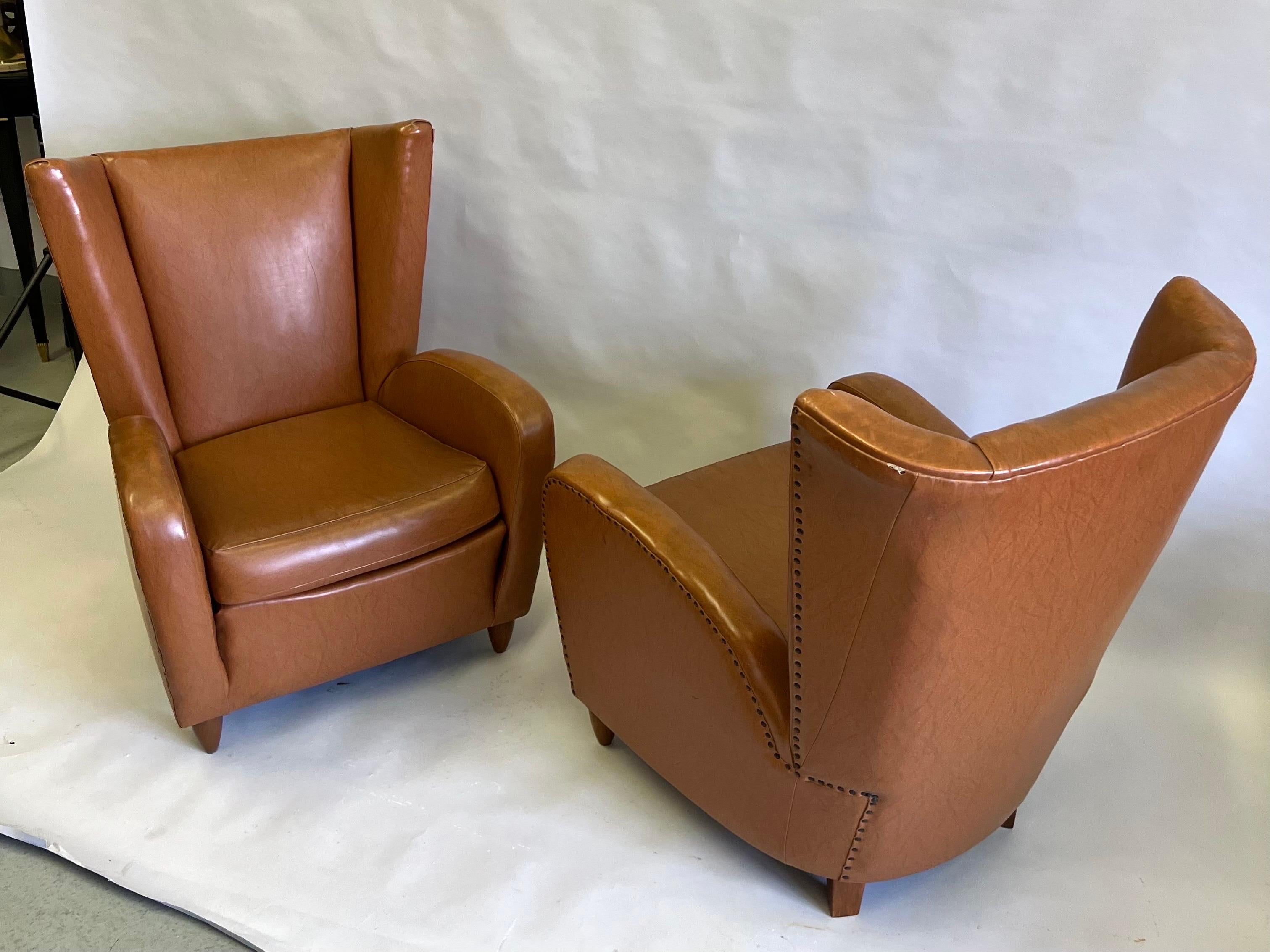 Pair Italian Modern Neoclassical Wingback Leather Lounge Chairs by Paolo Buffa  In Good Condition For Sale In New York, NY