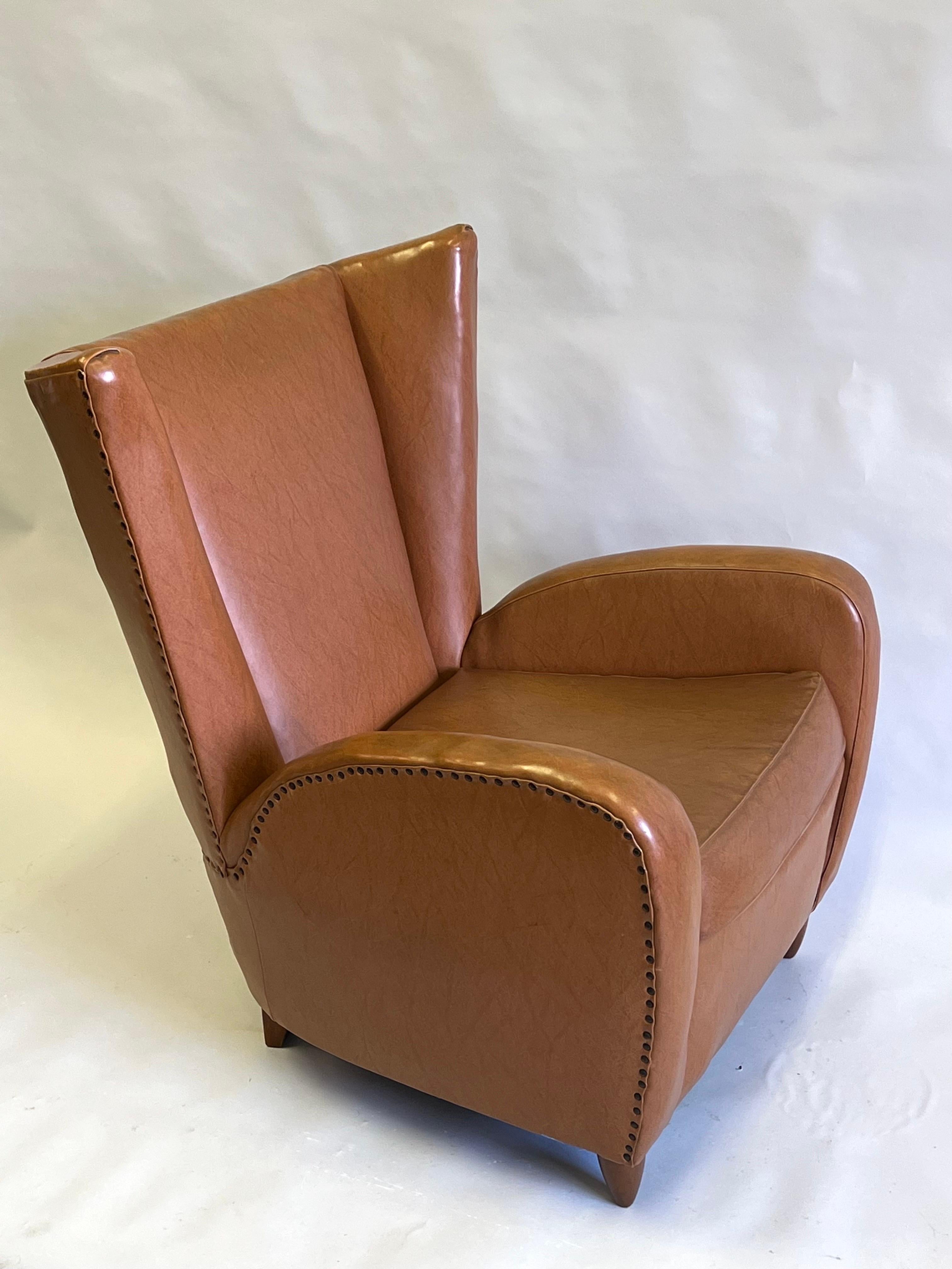 Pair Italian Modern Neoclassical Wingback Leather Lounge Chairs by Paolo Buffa  For Sale 1