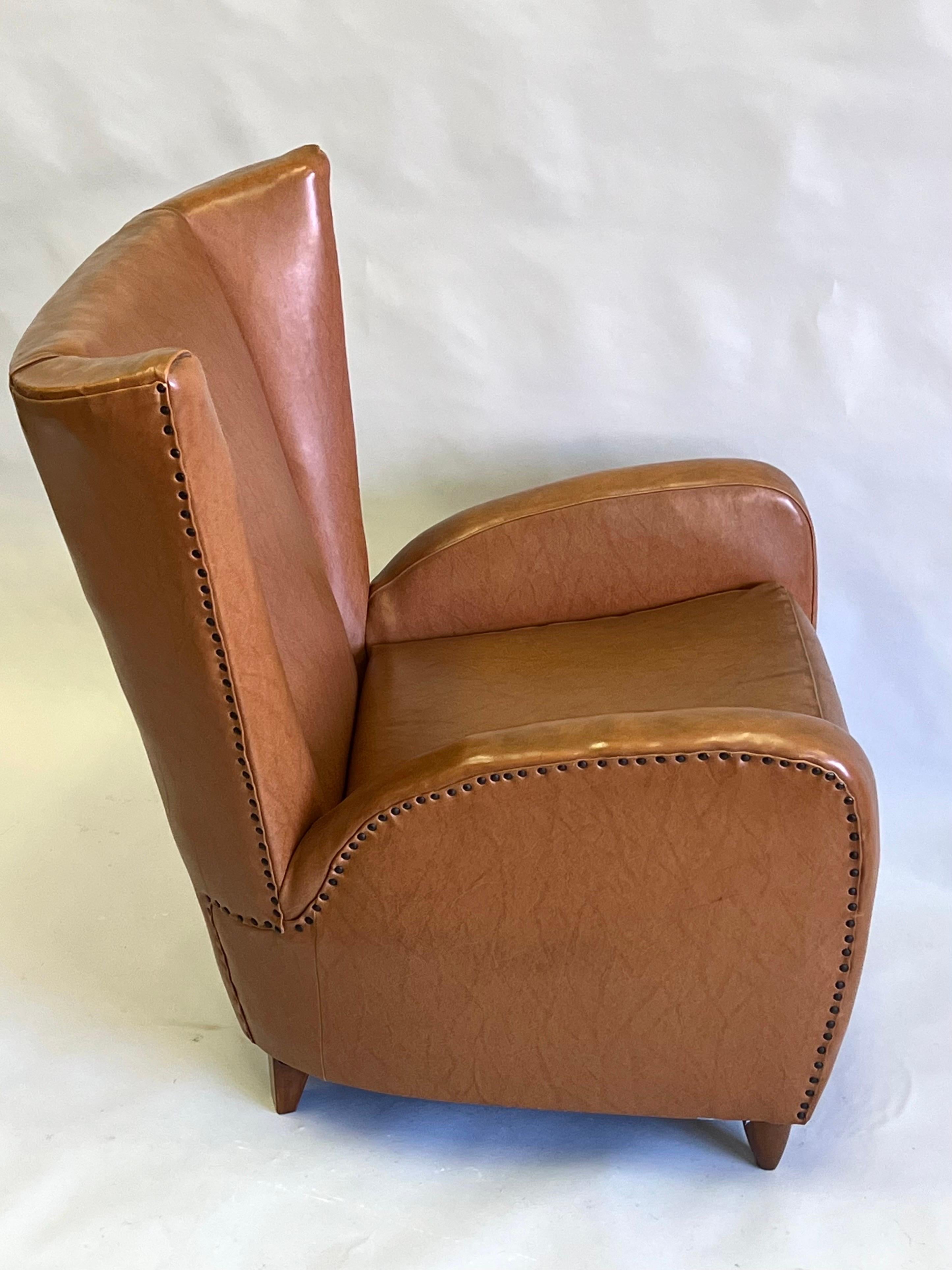 Pair Italian Modern Neoclassical Wingback Leather Lounge Chairs by Paolo Buffa  For Sale 2