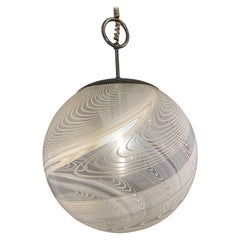 Pair Italian Modern White and Clear Handblown Glass Globe Chandelier, Vistosi