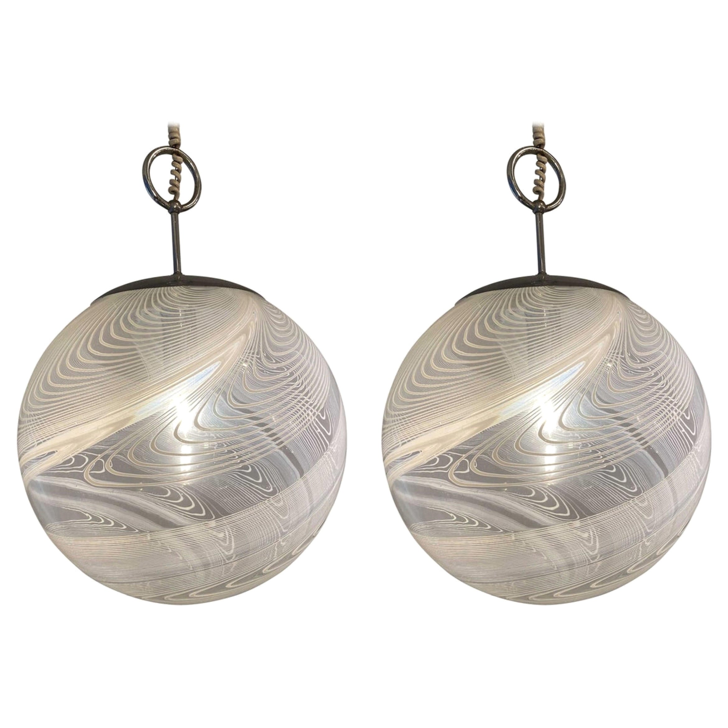 Pair Italian Modern White and Clear Handblown Glass Globe Chandelier, Vistosi