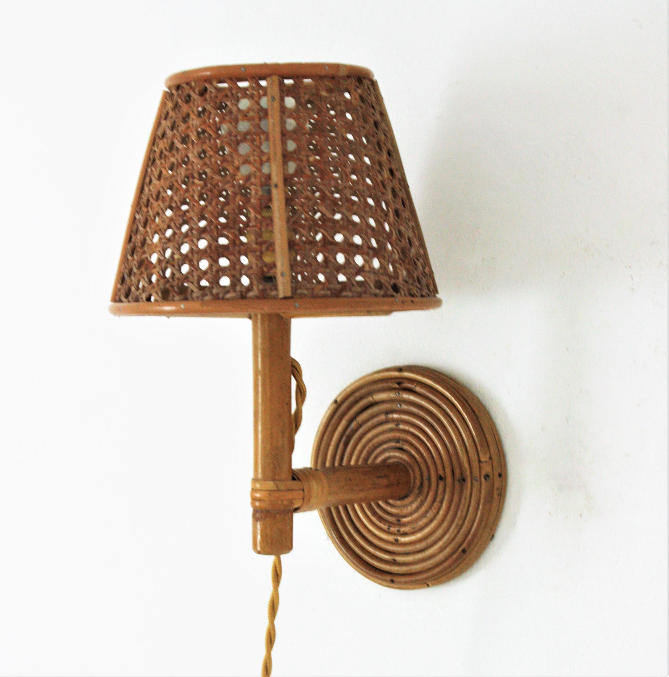 Pair of Italian Modern Woven Wicker Rattan and Bamboo Wall Lights with Shades 2