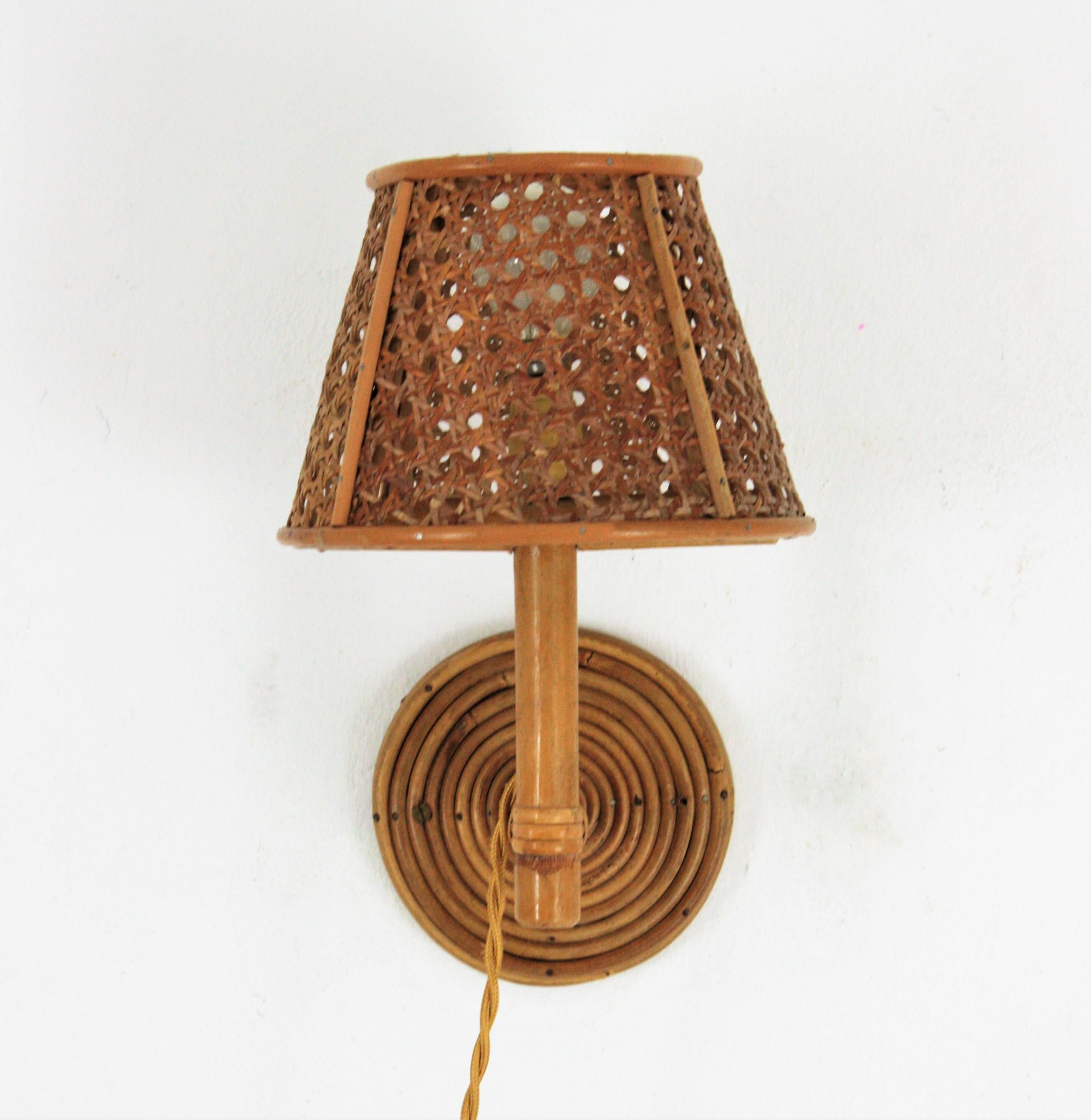 20th Century Pair of Italian Modern Woven Wicker Rattan and Bamboo Wall Lights with Shades