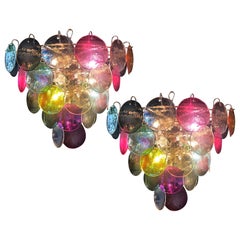 Pair of Italian Multi-Color Disc Chandeliers Space Age Vistosi Style, 1980s