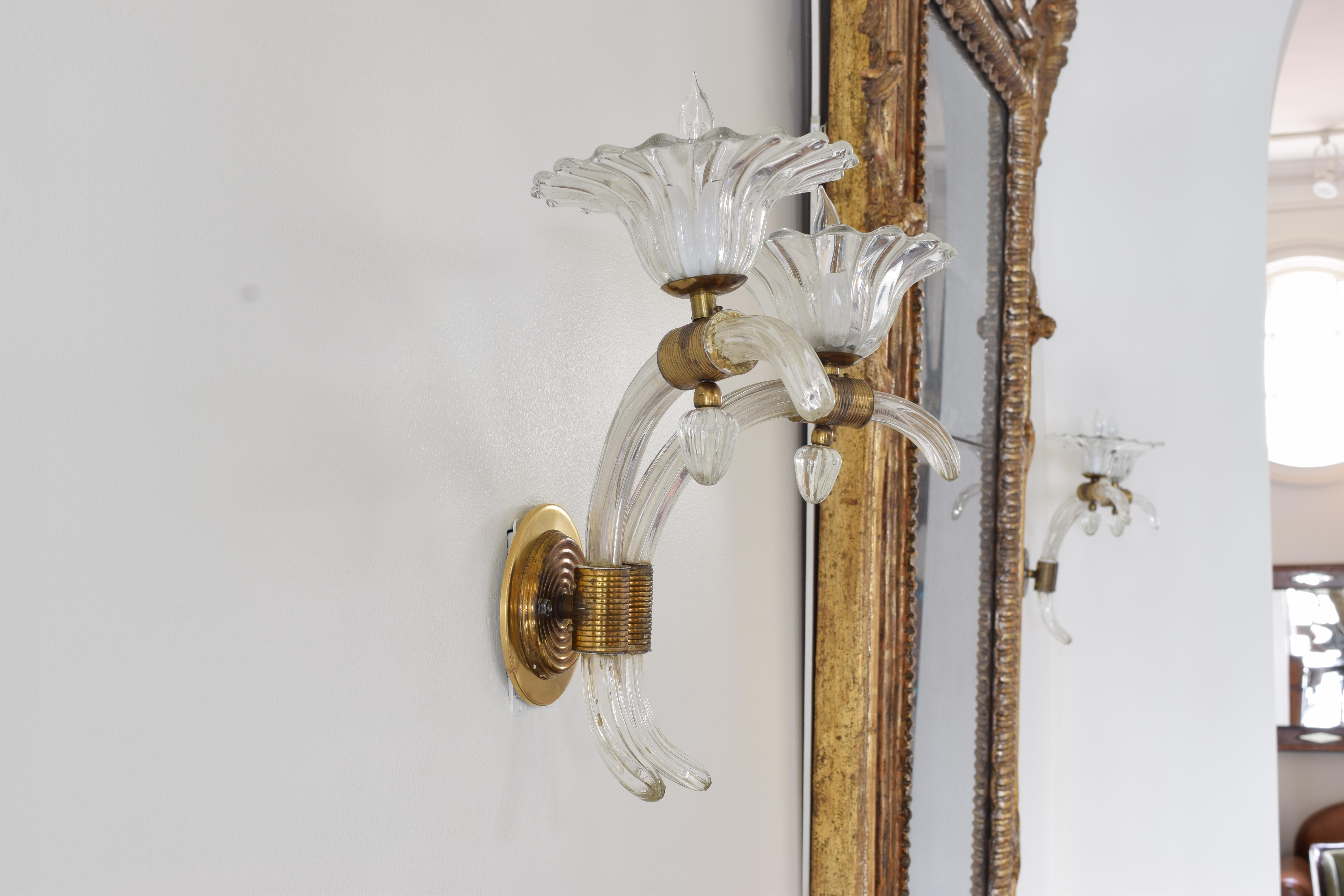 Blown Glass Pair Italian, Murano, 2-Arm Brass & Glass Sconces, Mid-20th Century
