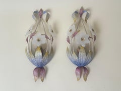 Pair Italian Murano Glass Flower Wall Sconces 1970s/80s, Hollywood Regency Lamps