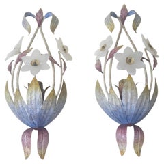 Pair Italian Murano Glass Flower Wall Sconces 1970s/80s, Hollywood Regency Lamps