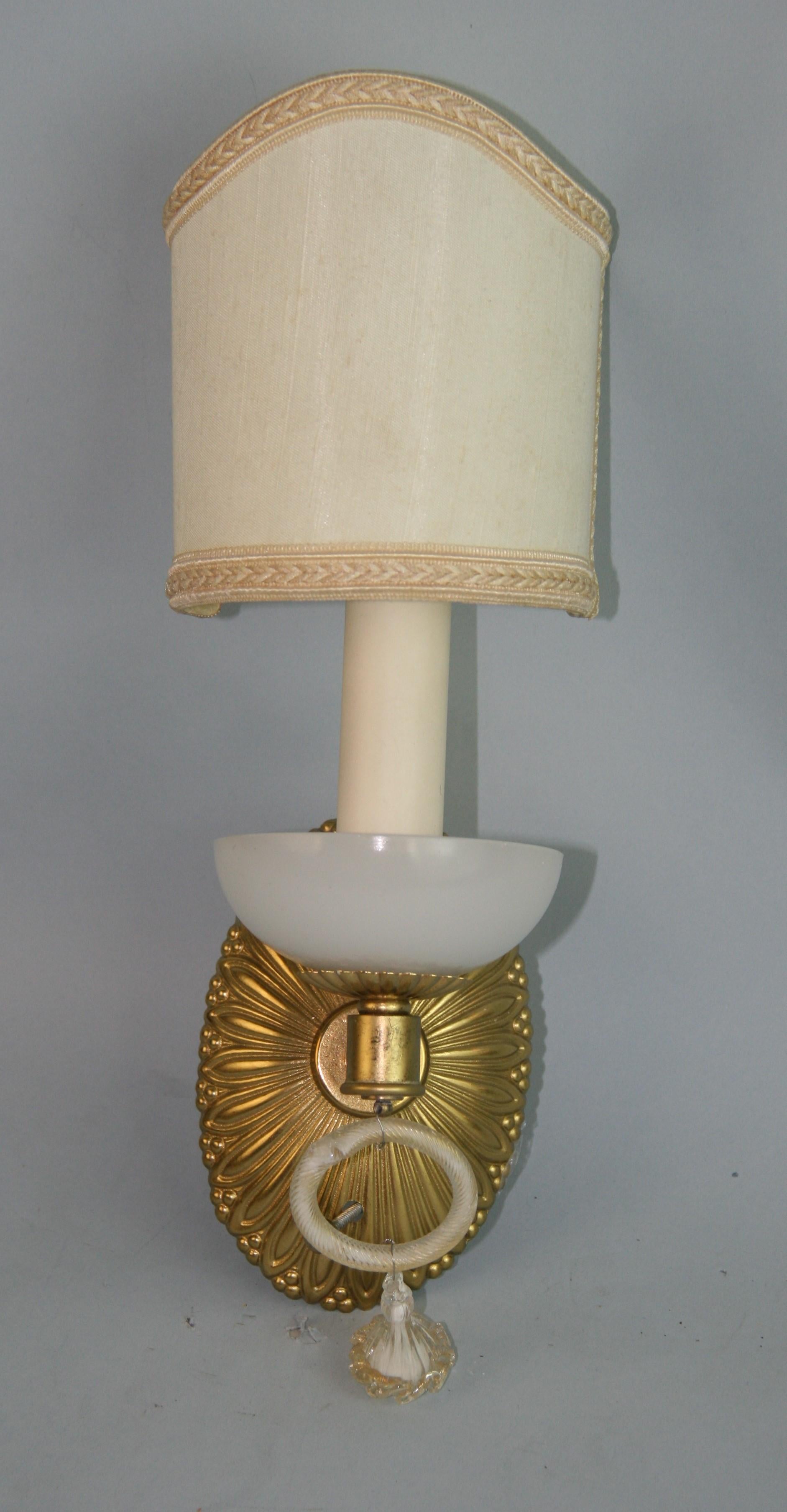 1398 Pair Italian Murano tear drop and brass sconces with custom half shades.