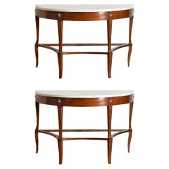 Pair Italian, Naples, Fruitwood, Gilt, & Marble-Top Demilune Consoles, ca. 1830