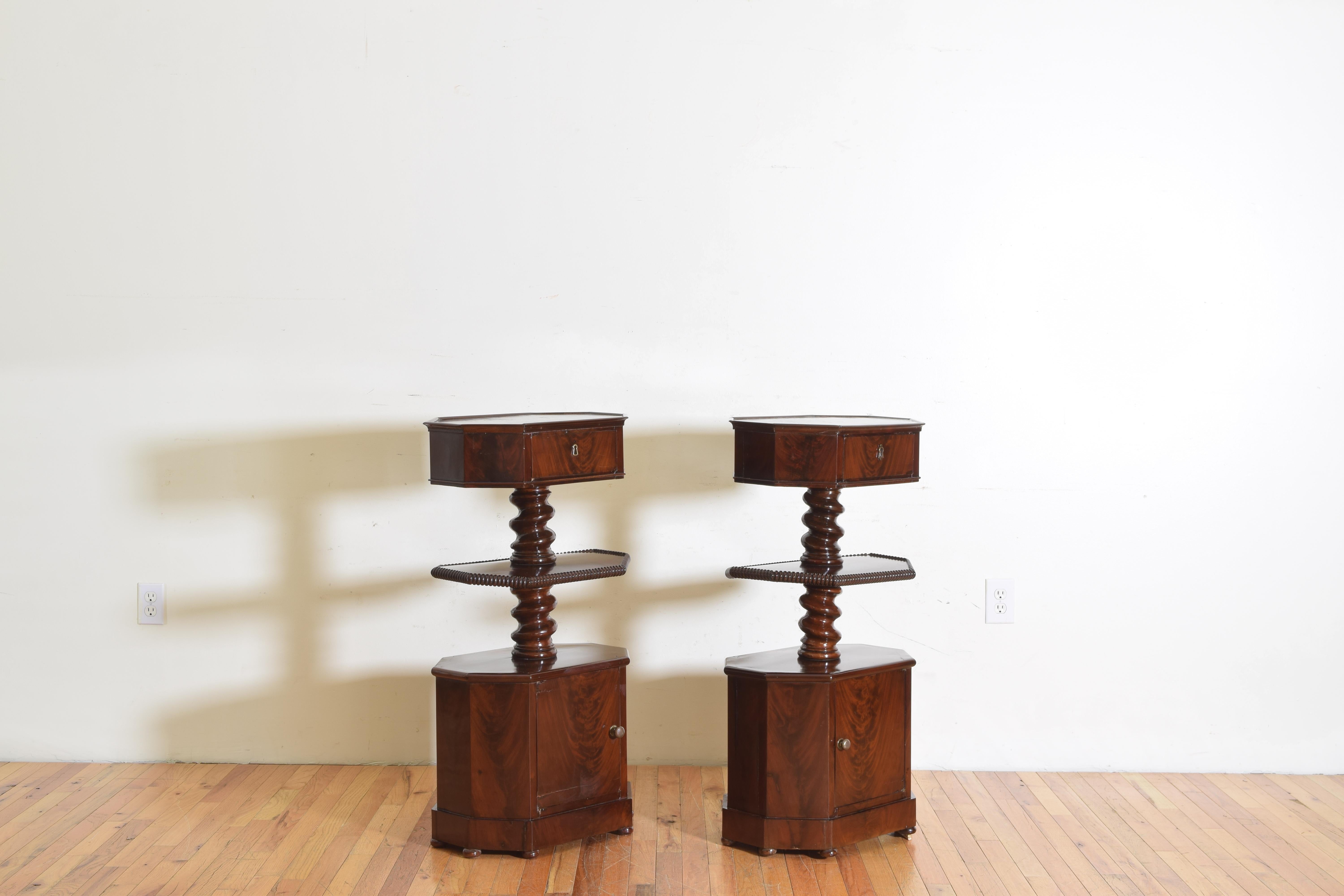 Louis Philippe Pair of Italian, Naples, Mahogany 3-Tier Pedestal Cabinets, Mid-19th Century