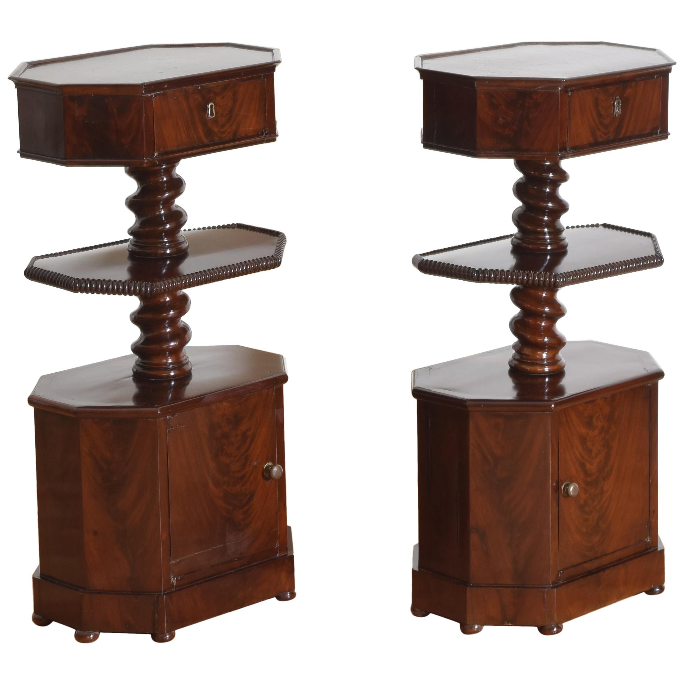 Pair of Italian, Naples, Mahogany 3-Tier Pedestal Cabinets, Mid-19th Century