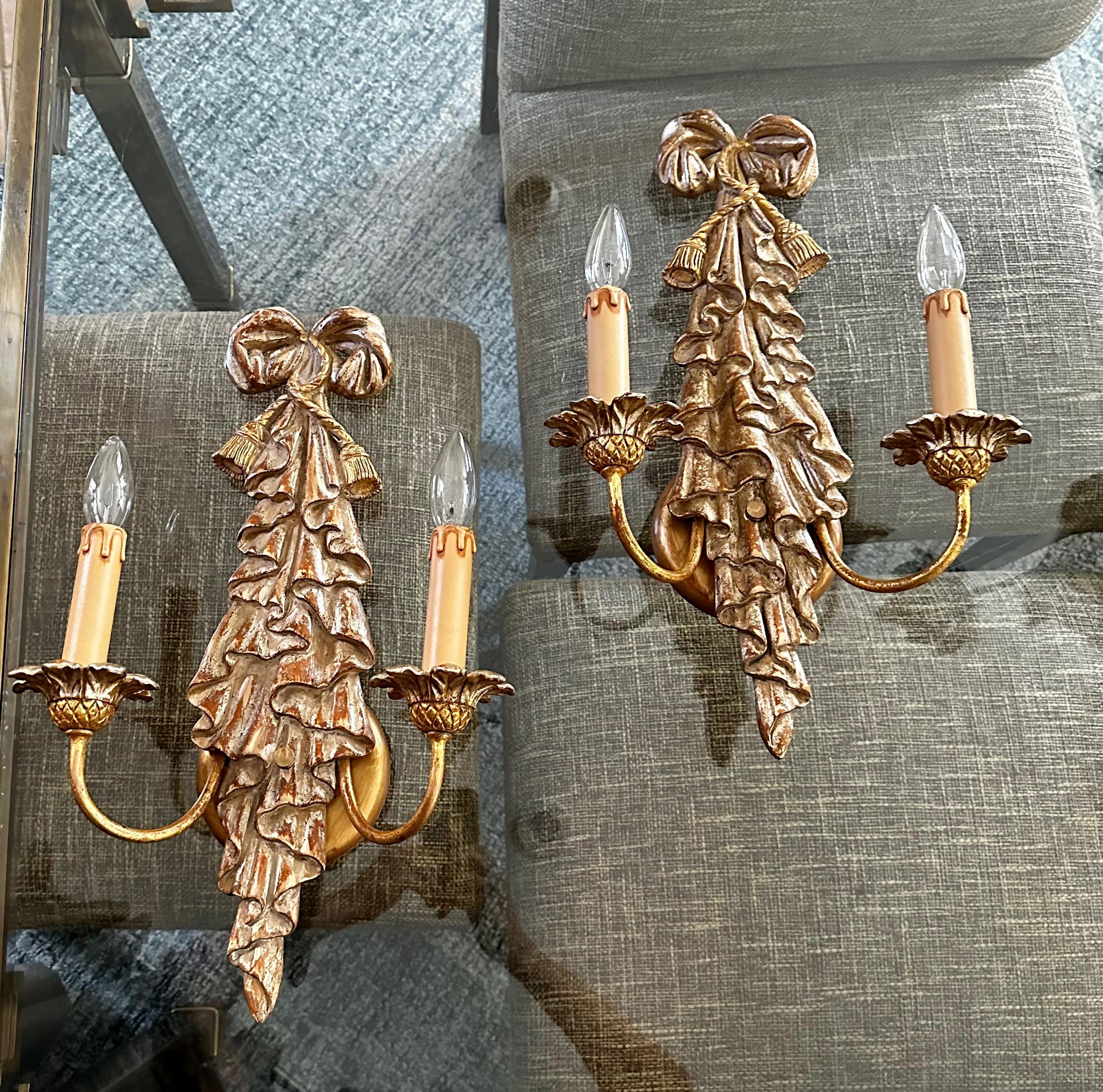Pair Italian Neo Classic Carved Ribbon Draped Wall Sconces In Good Condition For Sale In Palm Springs, CA