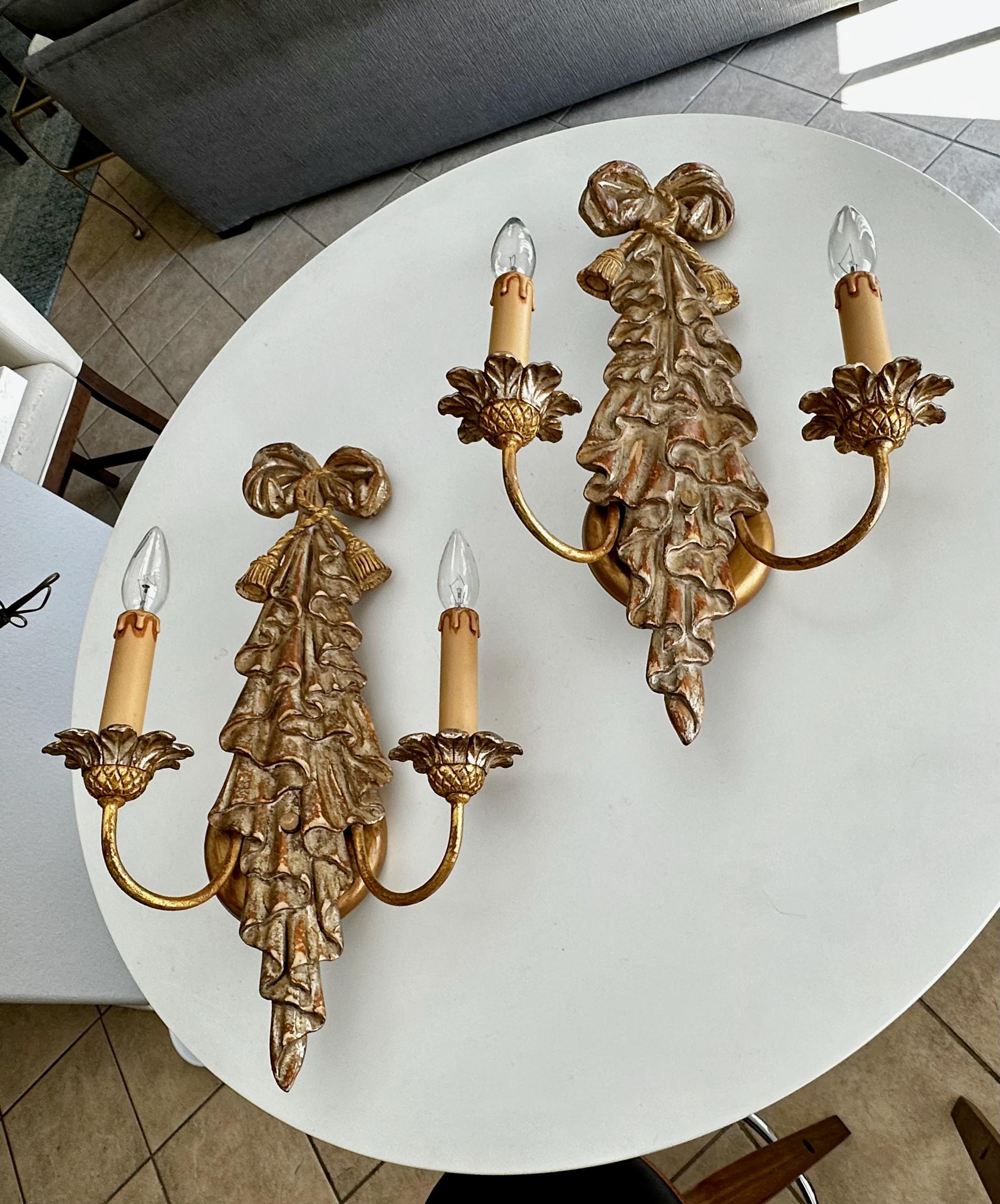 Pair Italian Neo Classic Carved Ribbon Draped Wall Sconces For Sale 3