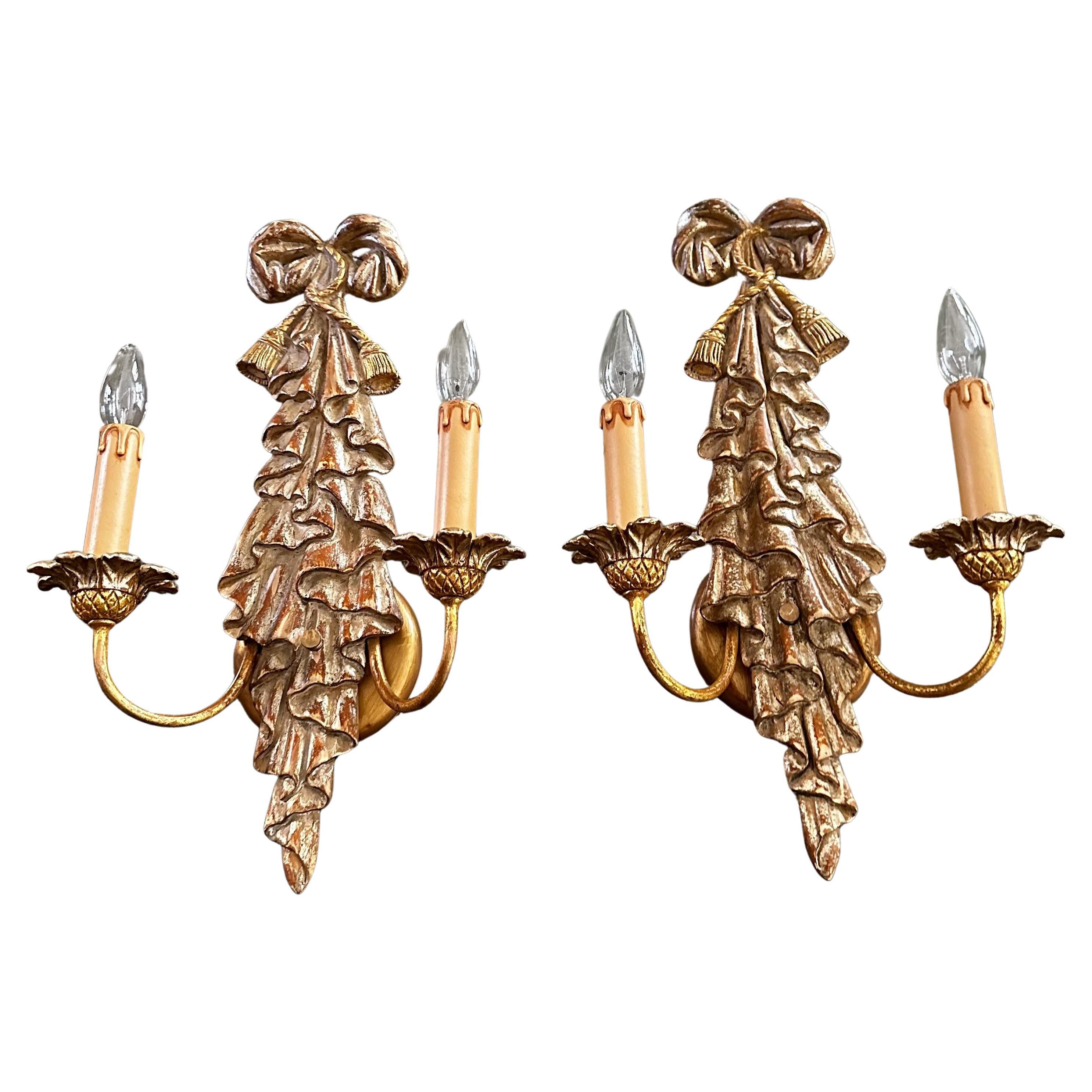 Pair Italian Neo Classic Carved Ribbon Draped Wall Sconces For Sale