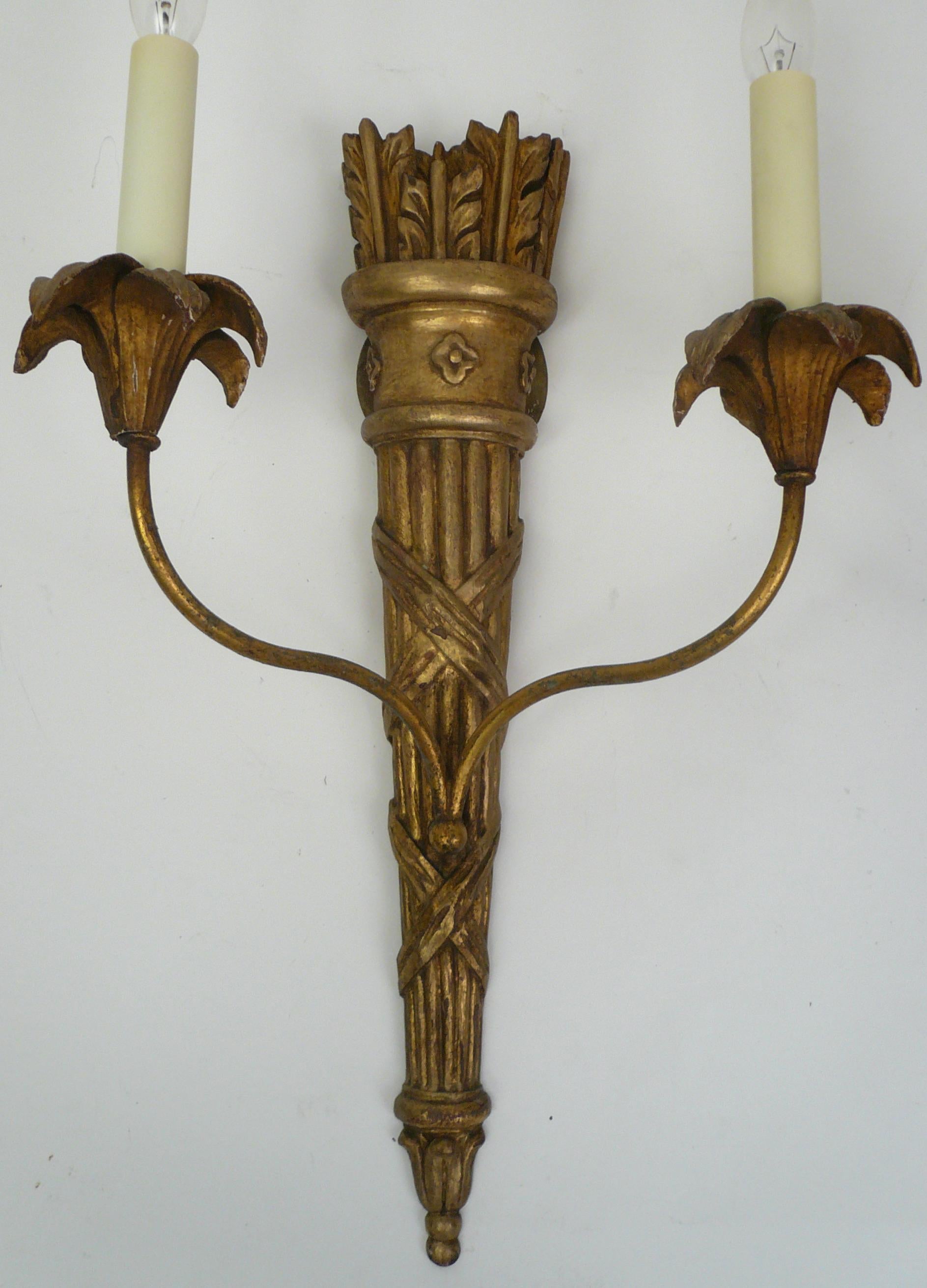 Neoclassical Pair Italian Neo-Classical Style Carved and Gilt Wood Sconces by E. F. Caldwell