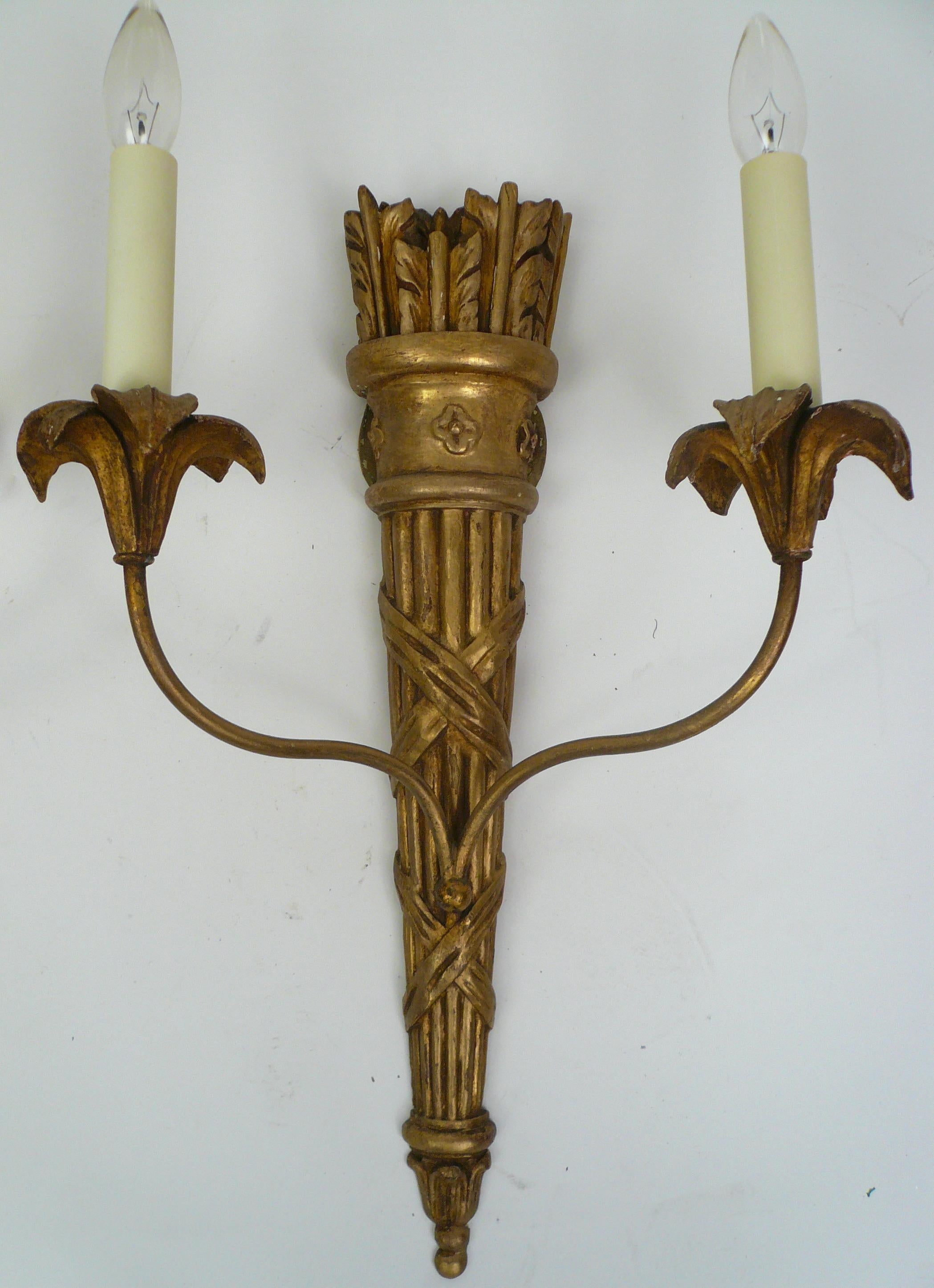 American Pair Italian Neo-Classical Style Carved and Gilt Wood Sconces by E. F. Caldwell