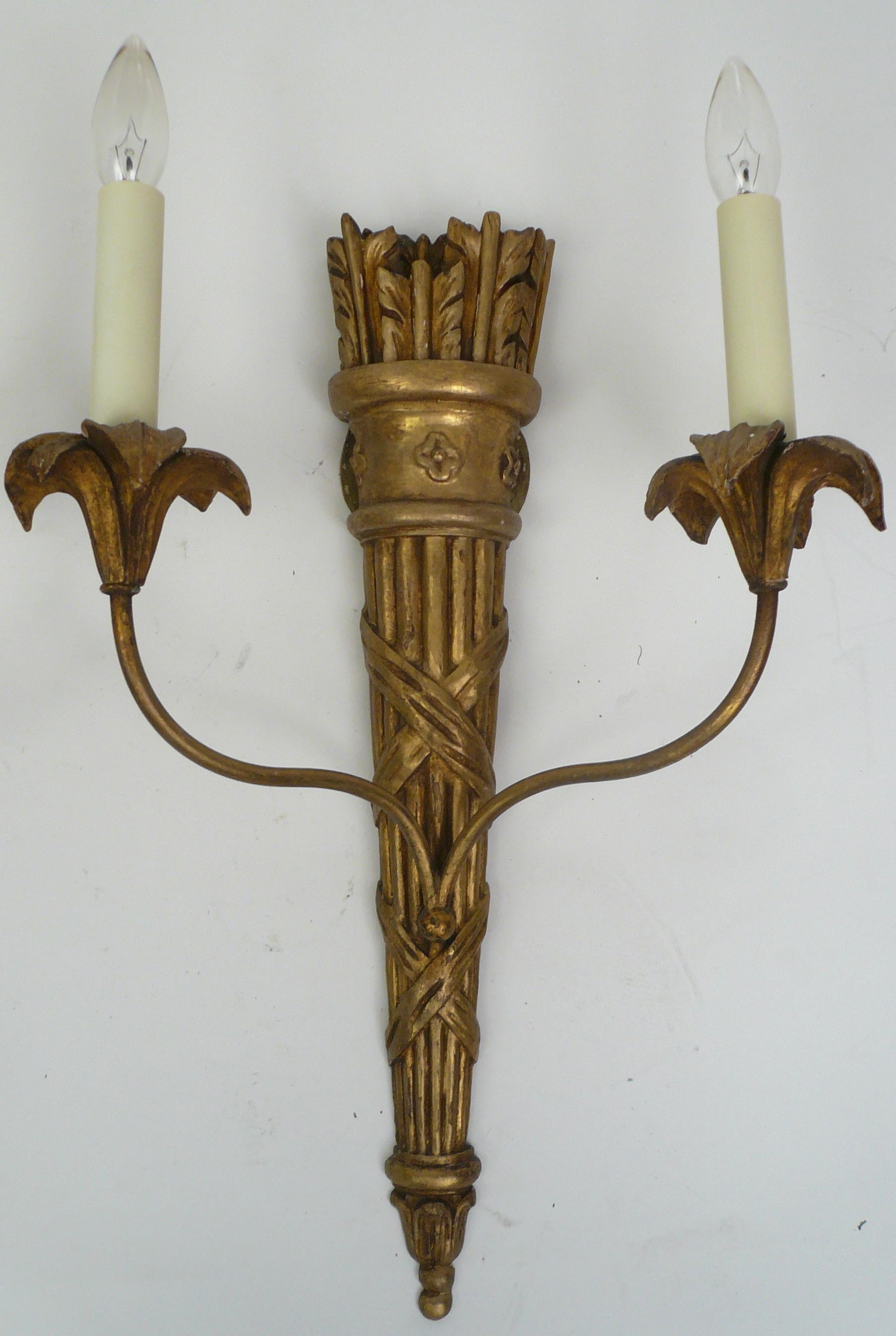 Pair Italian Neo-Classical Style Carved and Gilt Wood Sconces by E. F. Caldwell In Good Condition In Pittsburgh, PA