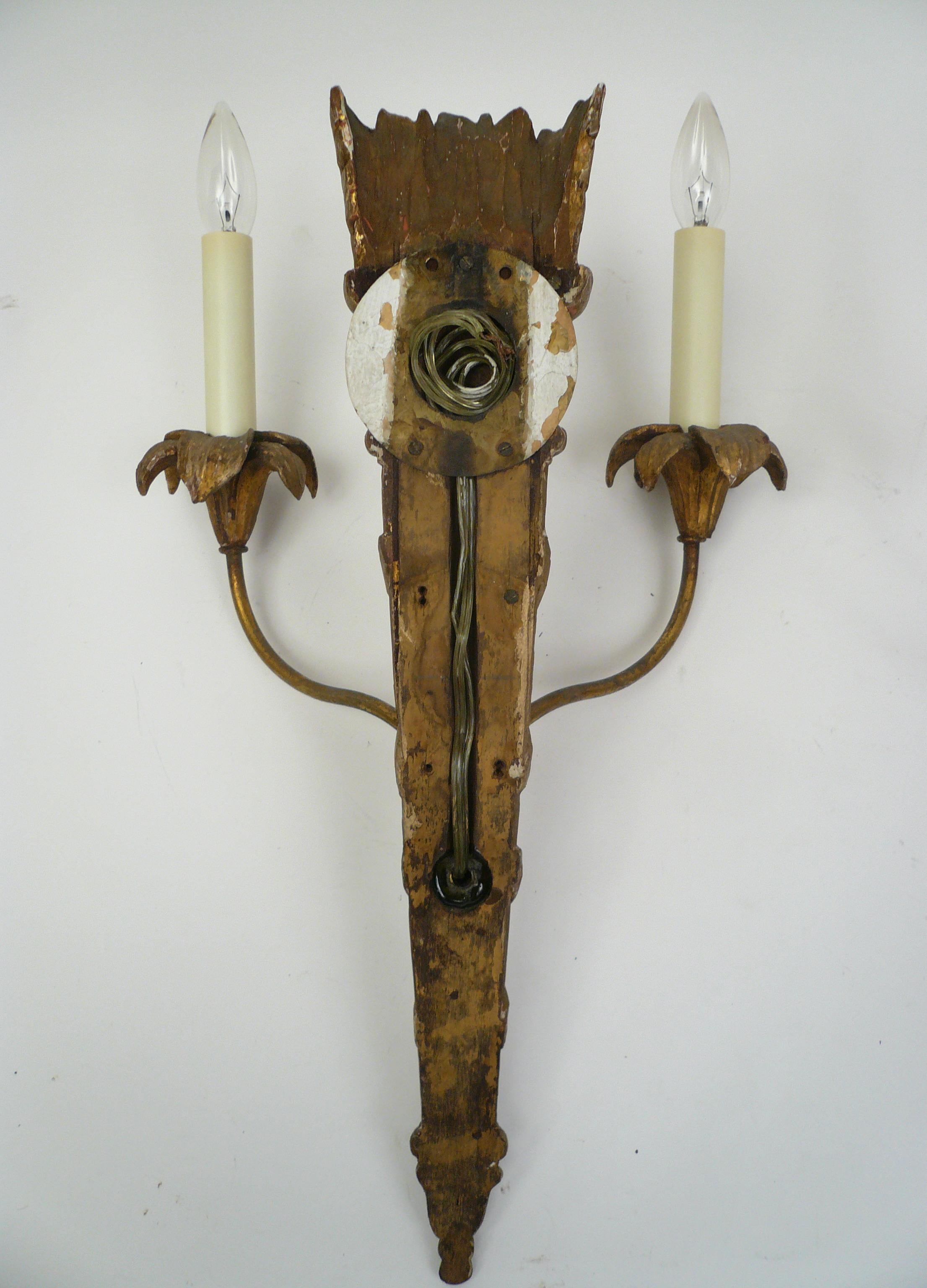 19th Century Pair Italian Neo-Classical Style Carved and Gilt Wood Sconces by E. F. Caldwell