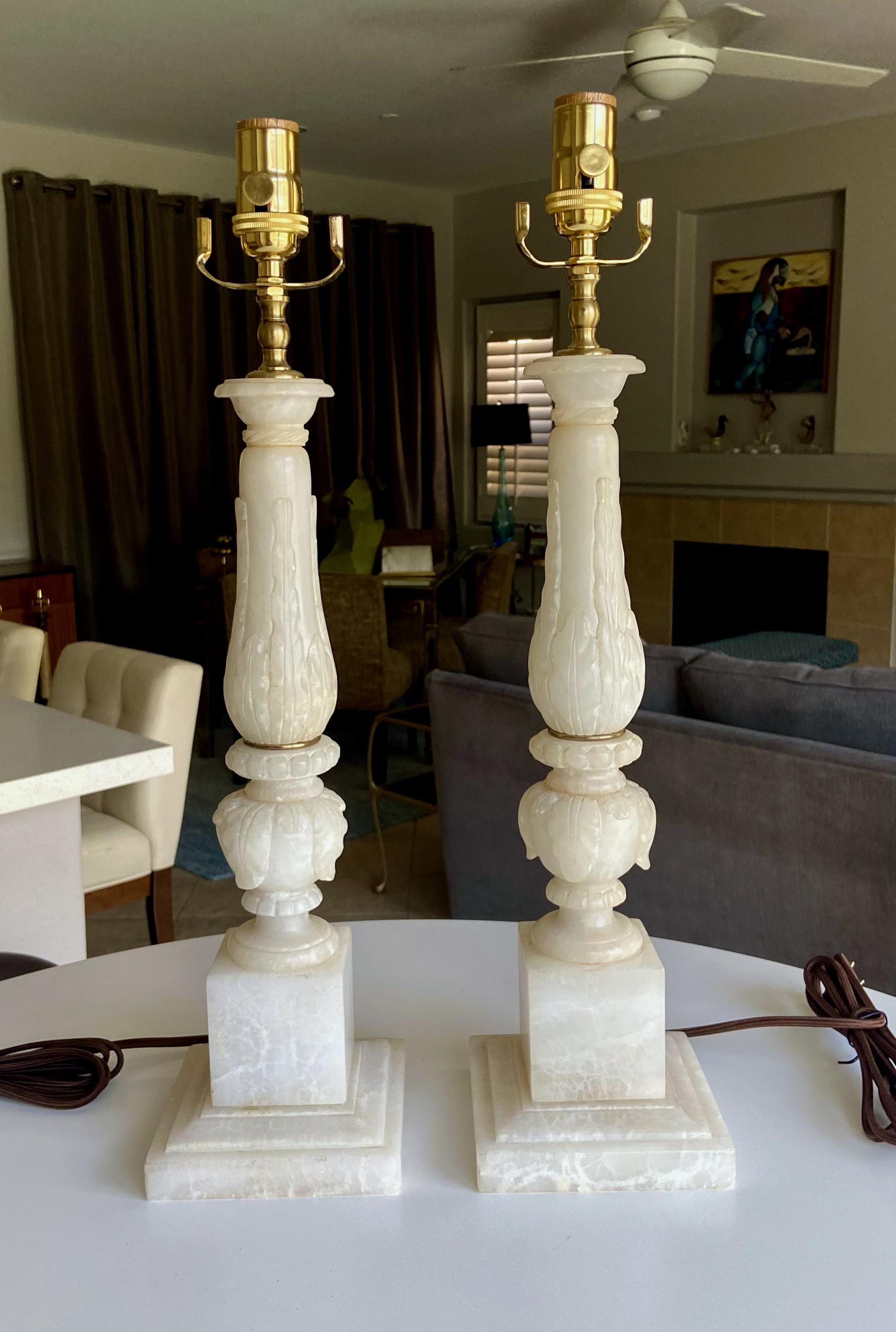 Classical Greek Pair Italian Neoclassic Acanthus Leaf Alabaster Table Lamps
