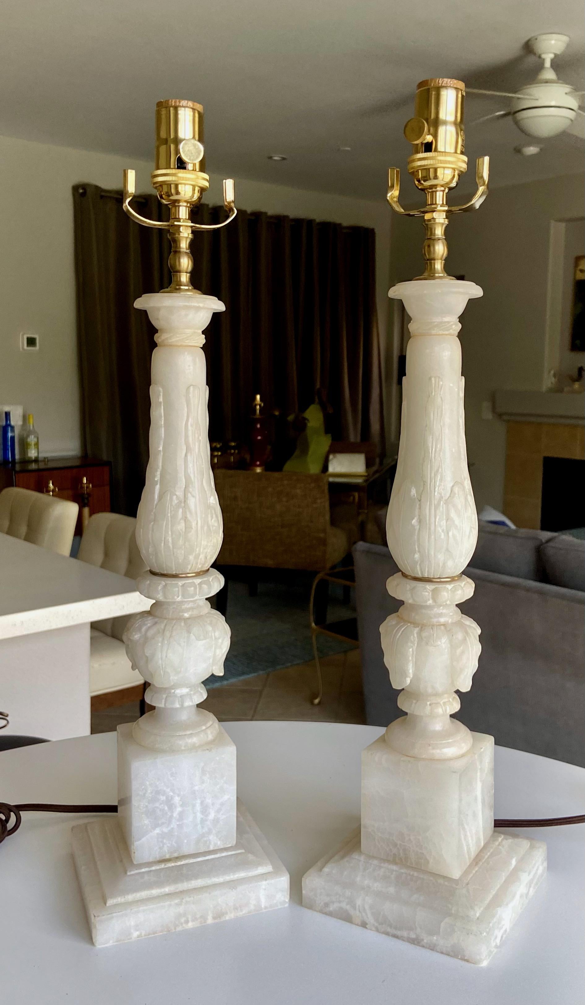 Brass Pair Italian Neoclassic Acanthus Leaf Alabaster Table Lamps