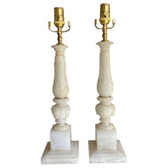 Pair Italian Neoclassic Acanthus Leaf Alabaster Table Lamps