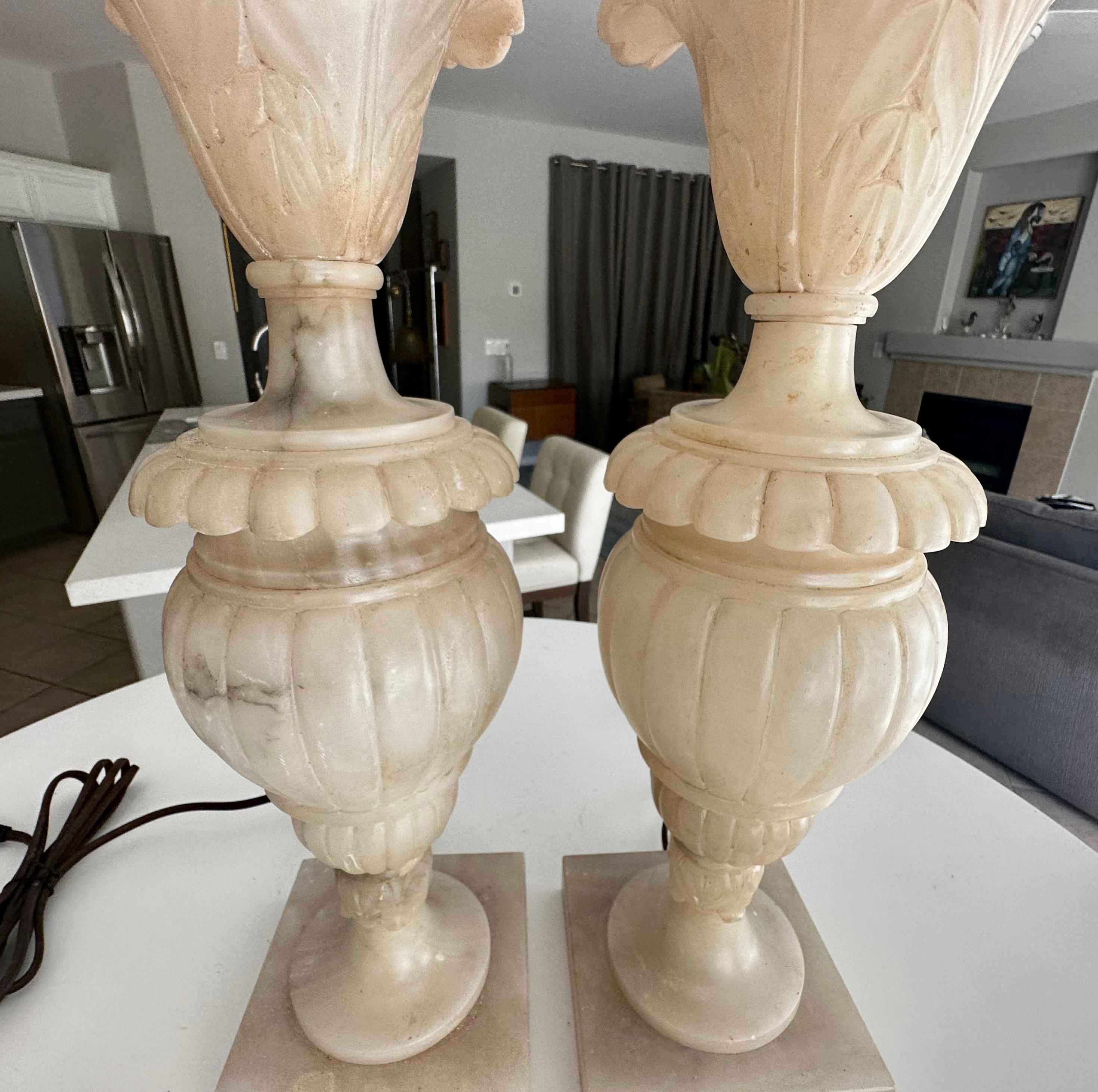 Pair Italian Neoclassic Acanthus Urn Alabaster Table Lamps 8