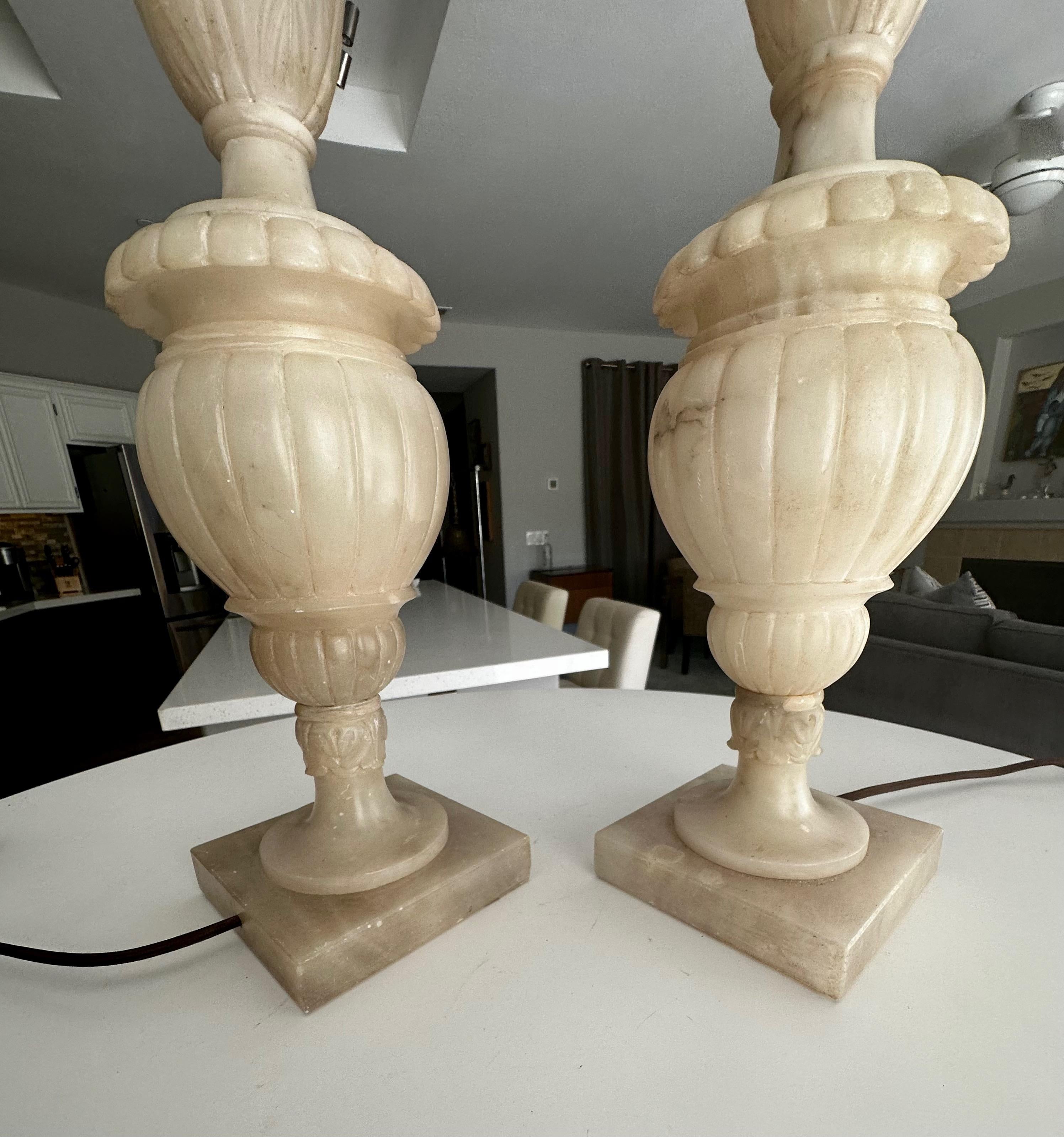 Pair Italian Neoclassic Acanthus Urn Alabaster Table Lamps 10