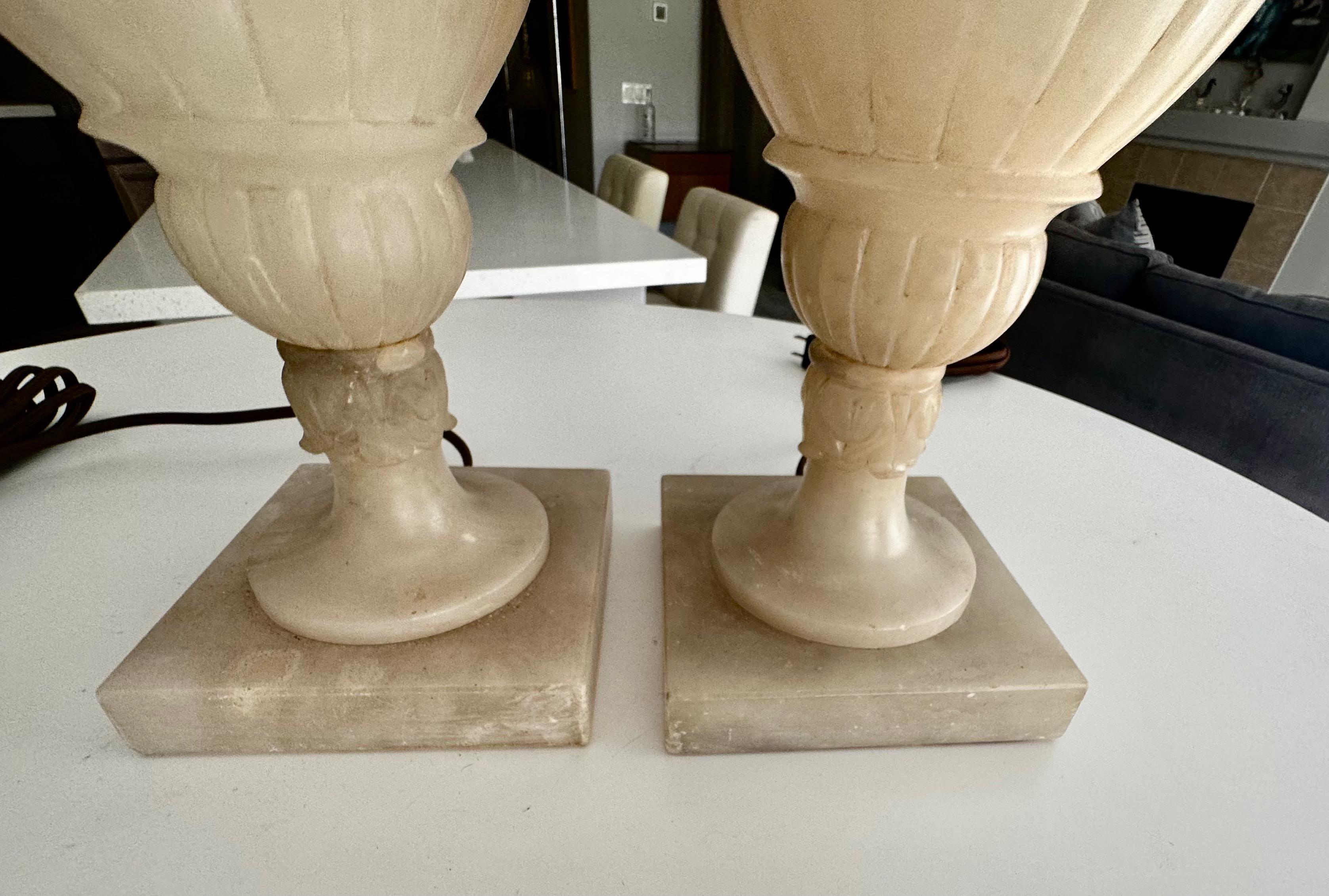 Pair Italian Neoclassic Acanthus Urn Alabaster Table Lamps 12