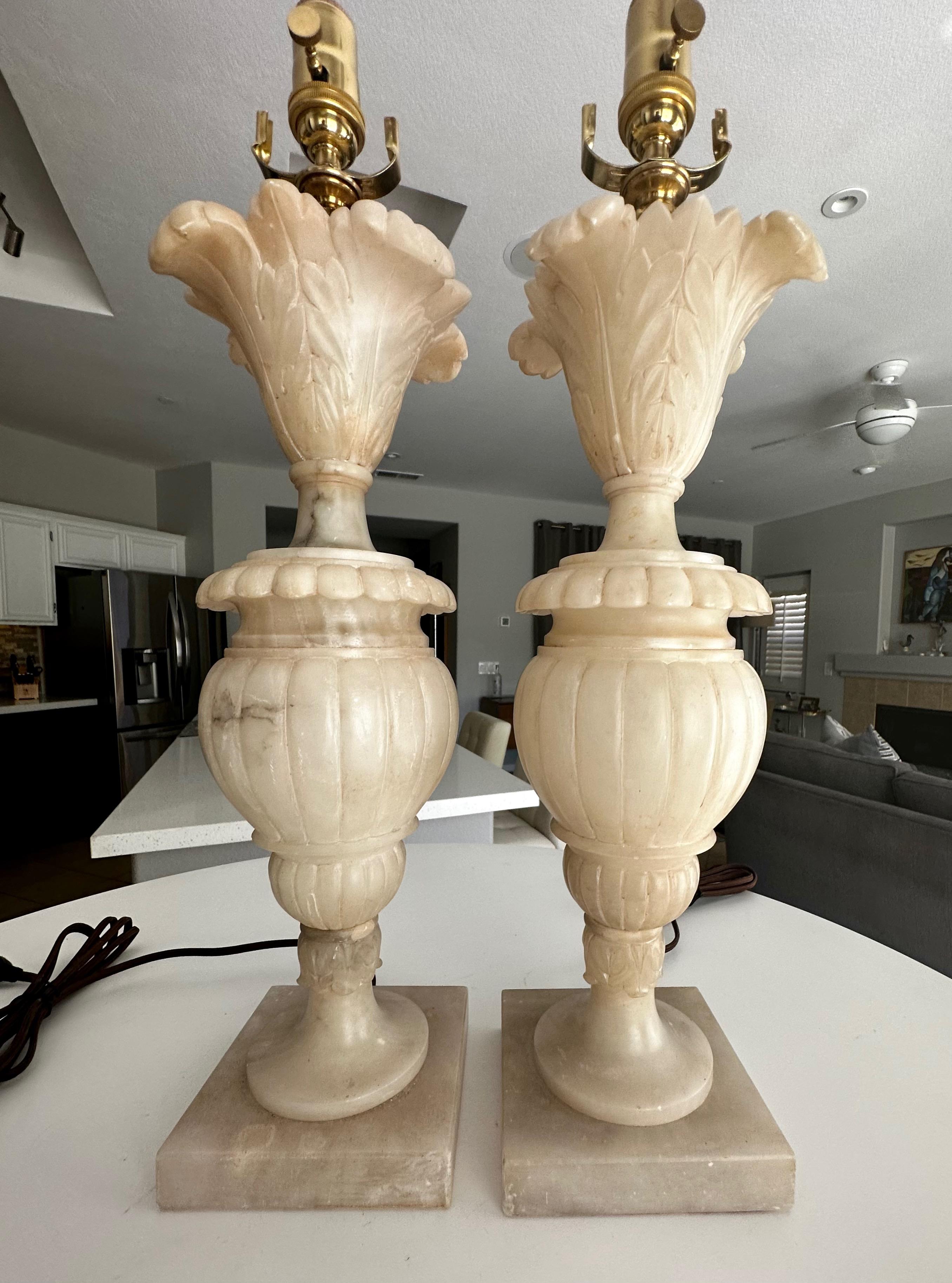 Pair Italian Neoclassic Acanthus Urn Alabaster Table Lamps 13