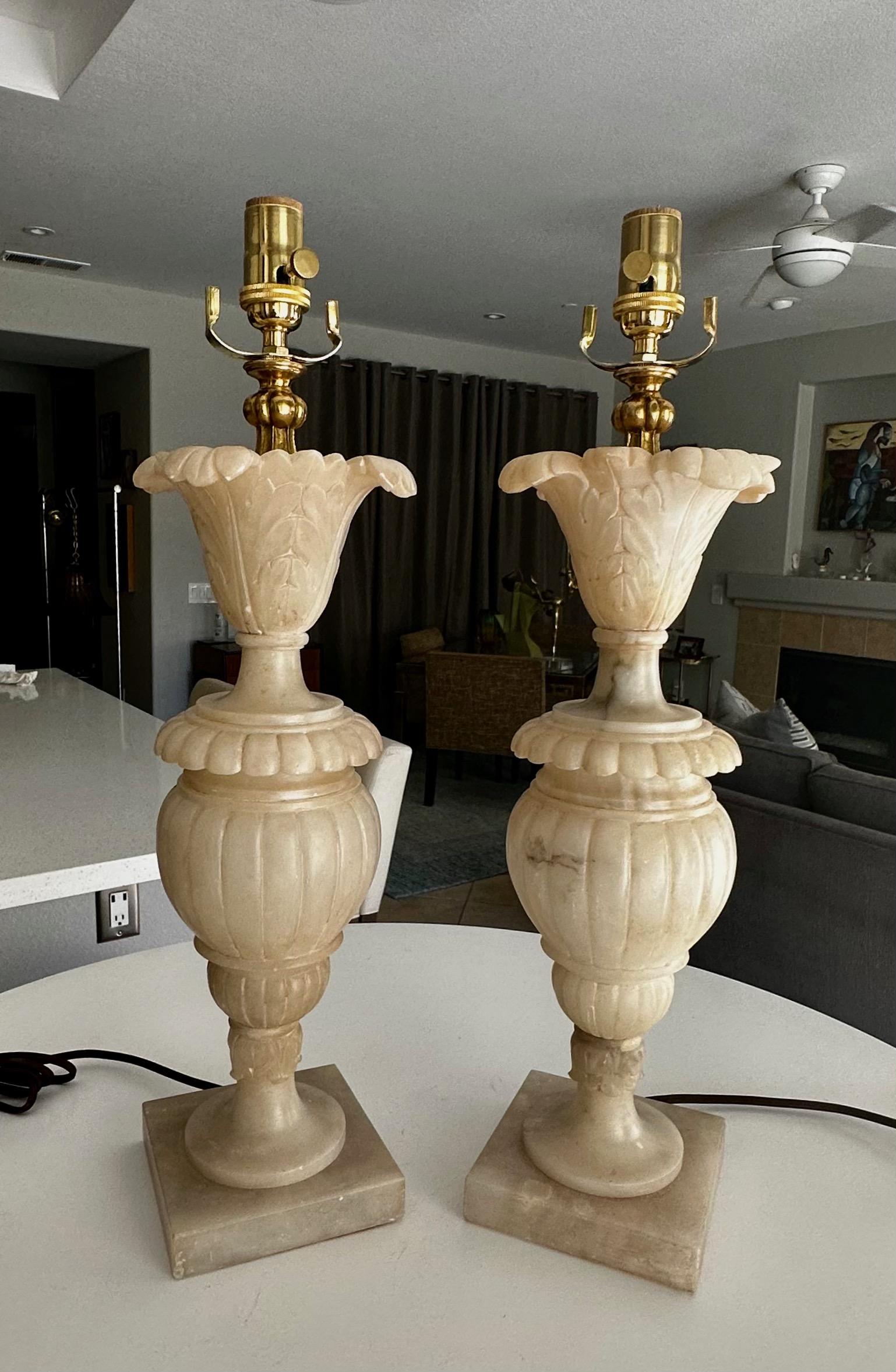 Pair Italian Neoclassic Acanthus Urn Alabaster Table Lamps 14