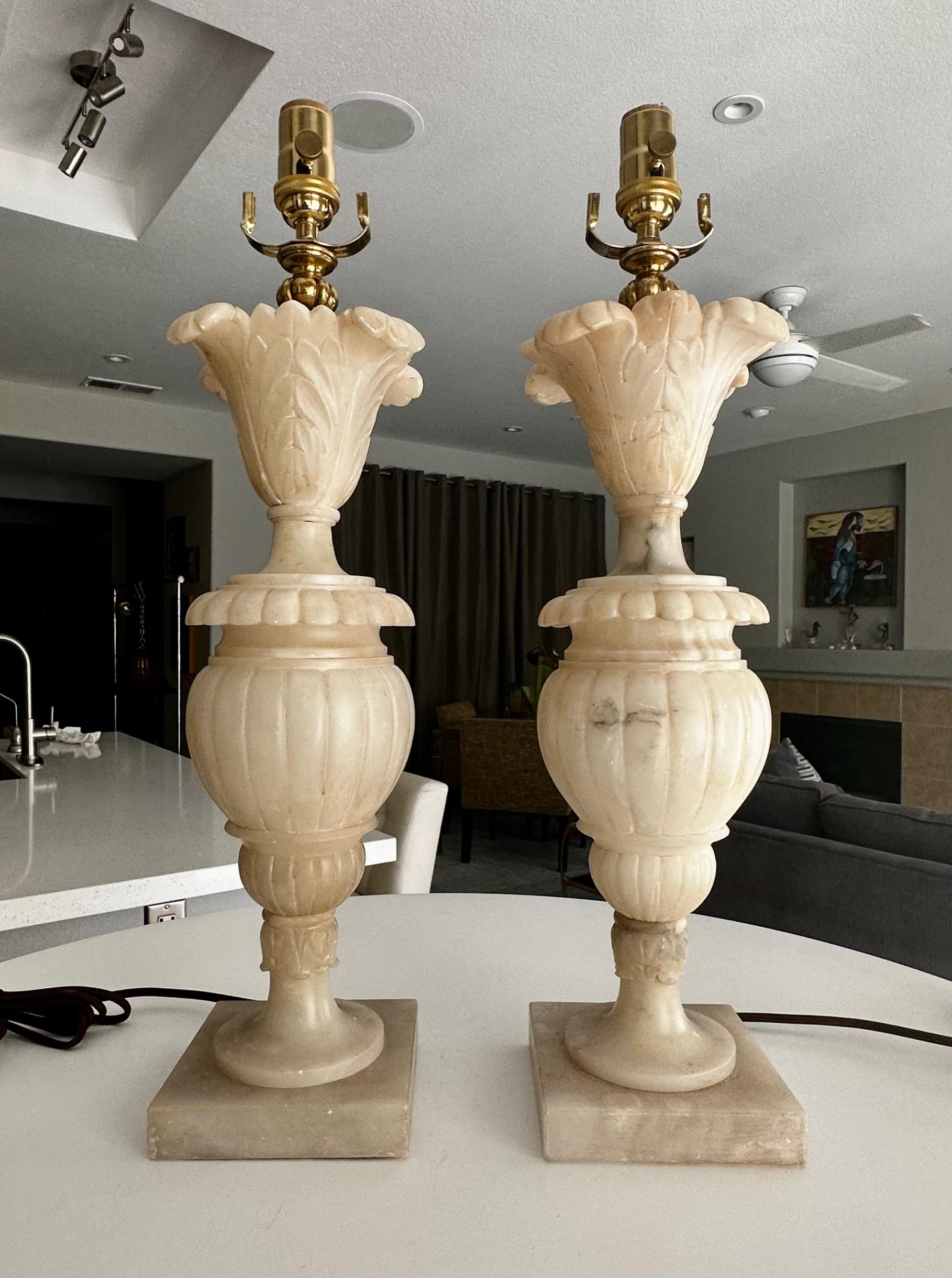 Classical Greek Pair Italian Neoclassic Acanthus Urn Alabaster Table Lamps