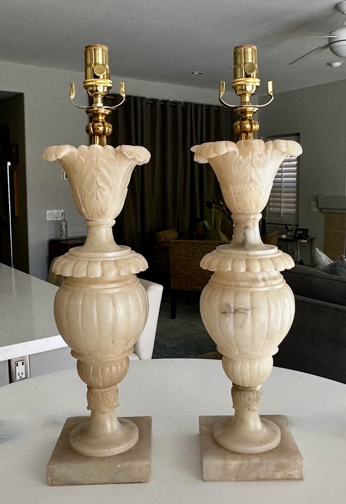 Pair Italian Neoclassic Acanthus Urn Alabaster Table Lamps In Good Condition In Palm Springs, CA