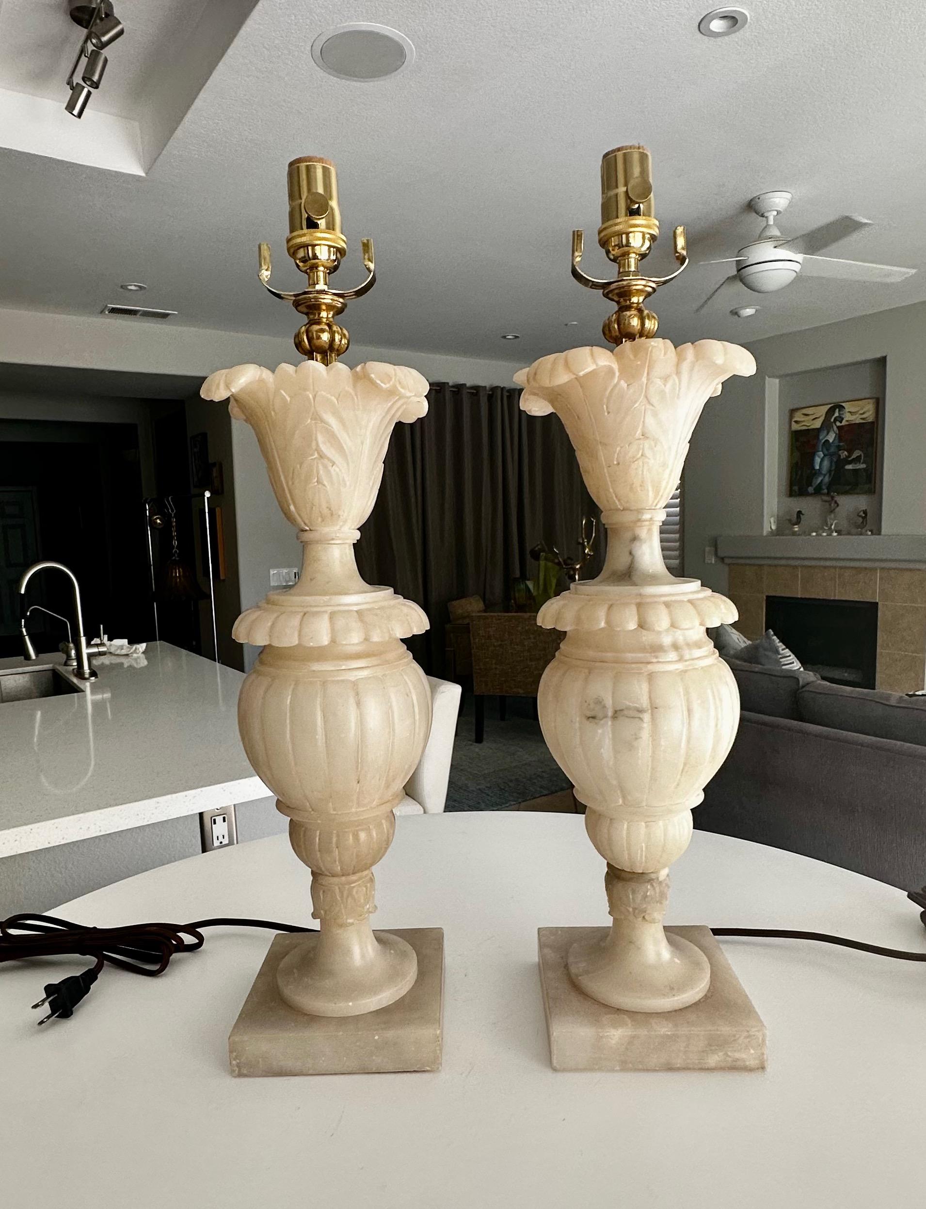 Brass Pair Italian Neoclassic Acanthus Urn Alabaster Table Lamps