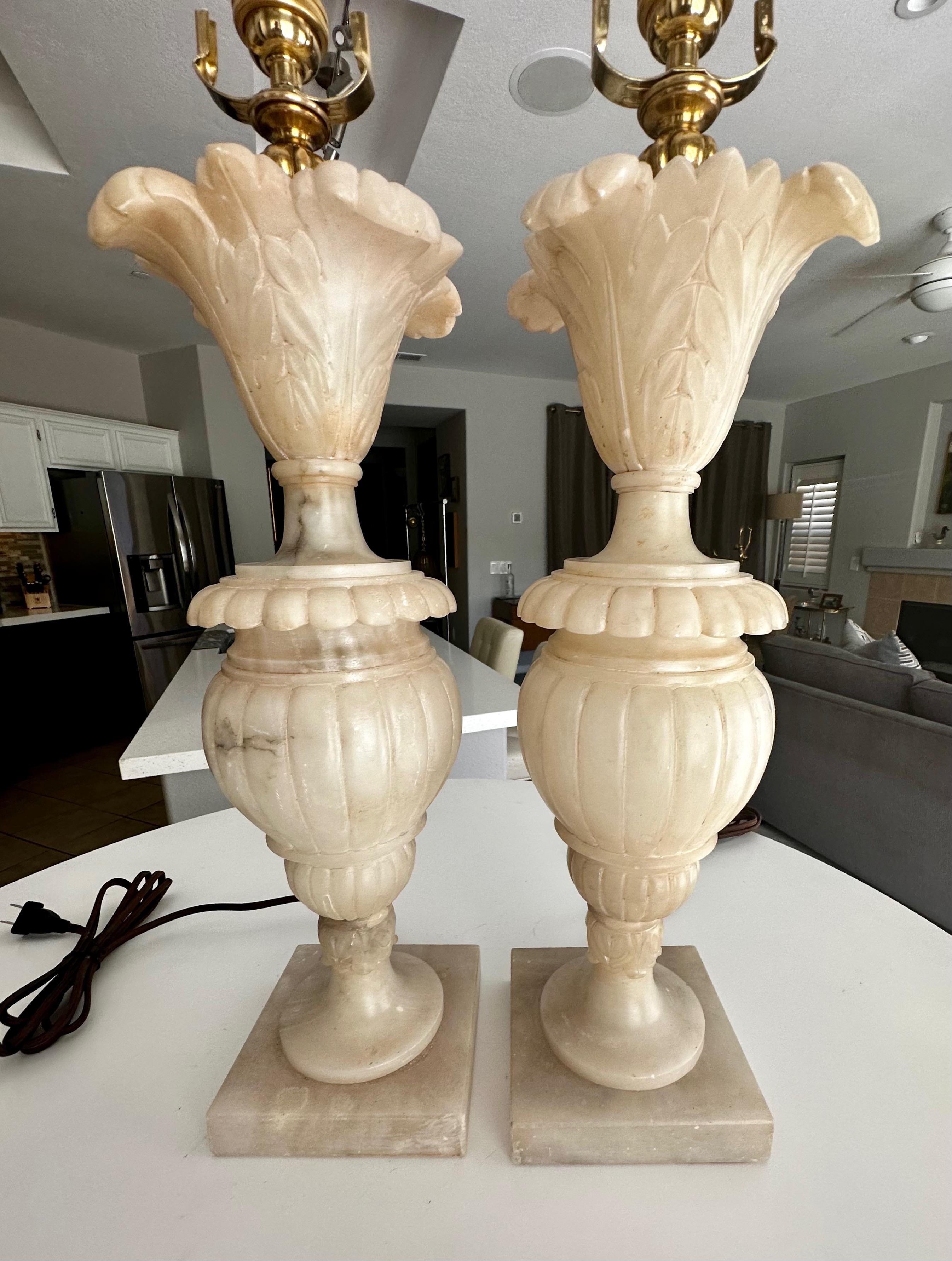 Pair Italian Neoclassic Acanthus Urn Alabaster Table Lamps 1