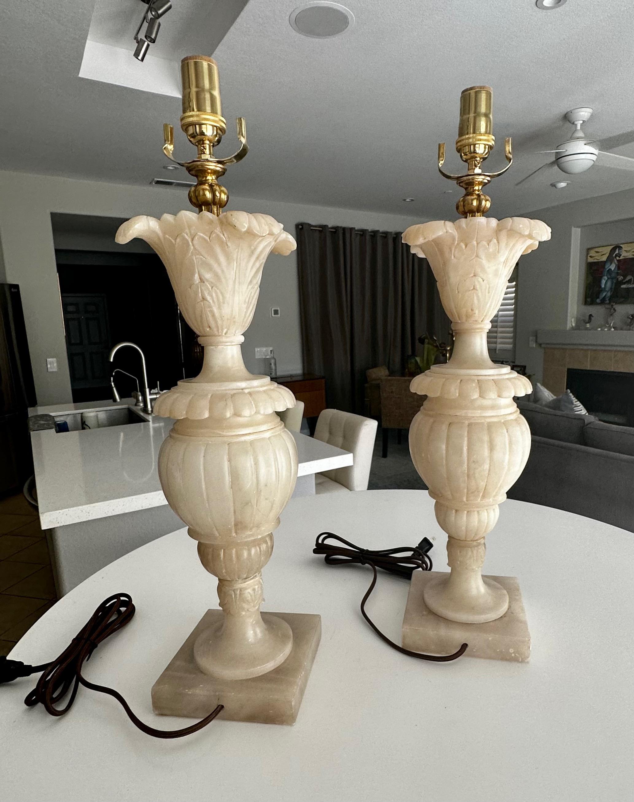 Pair Italian Neoclassic Acanthus Urn Alabaster Table Lamps 2