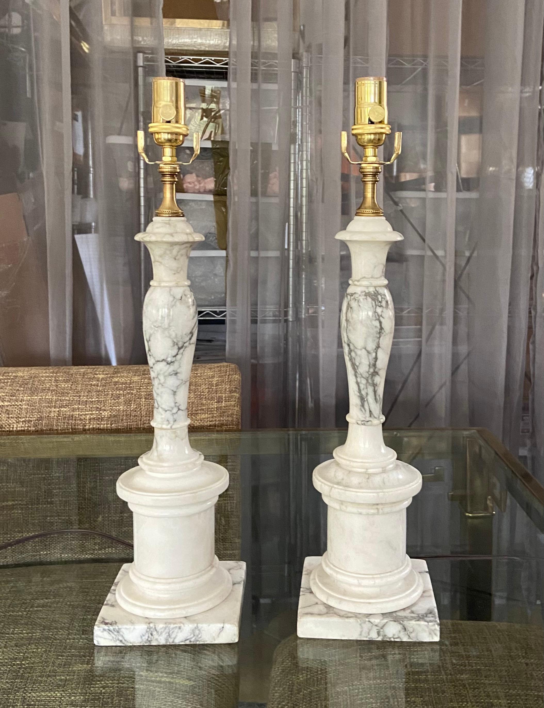 Brass Pair of Italian Neoclassic Alabaster Table Lamps