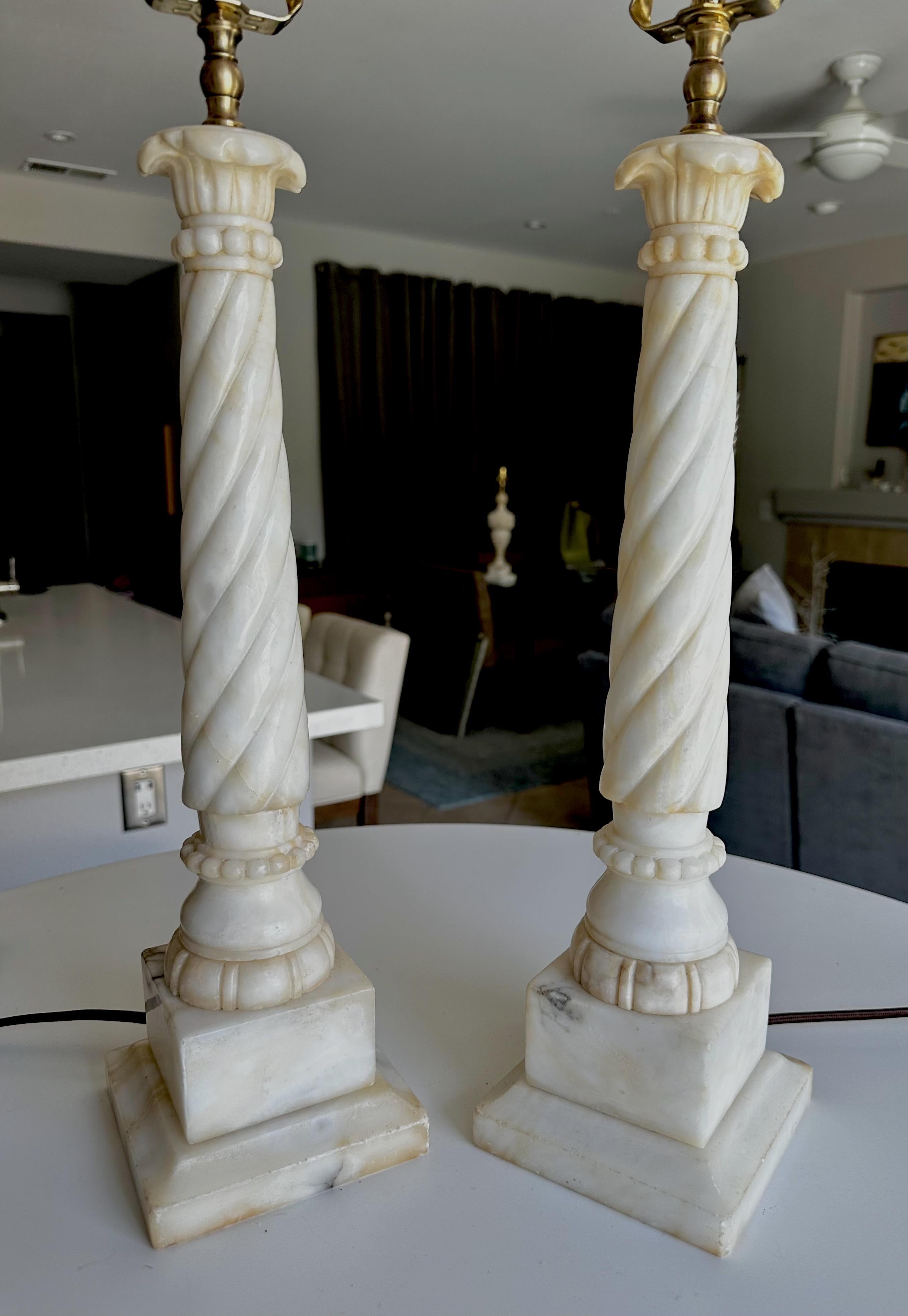 Brass Pair Italian Neoclassic Column Alabaster Table Lamps For Sale