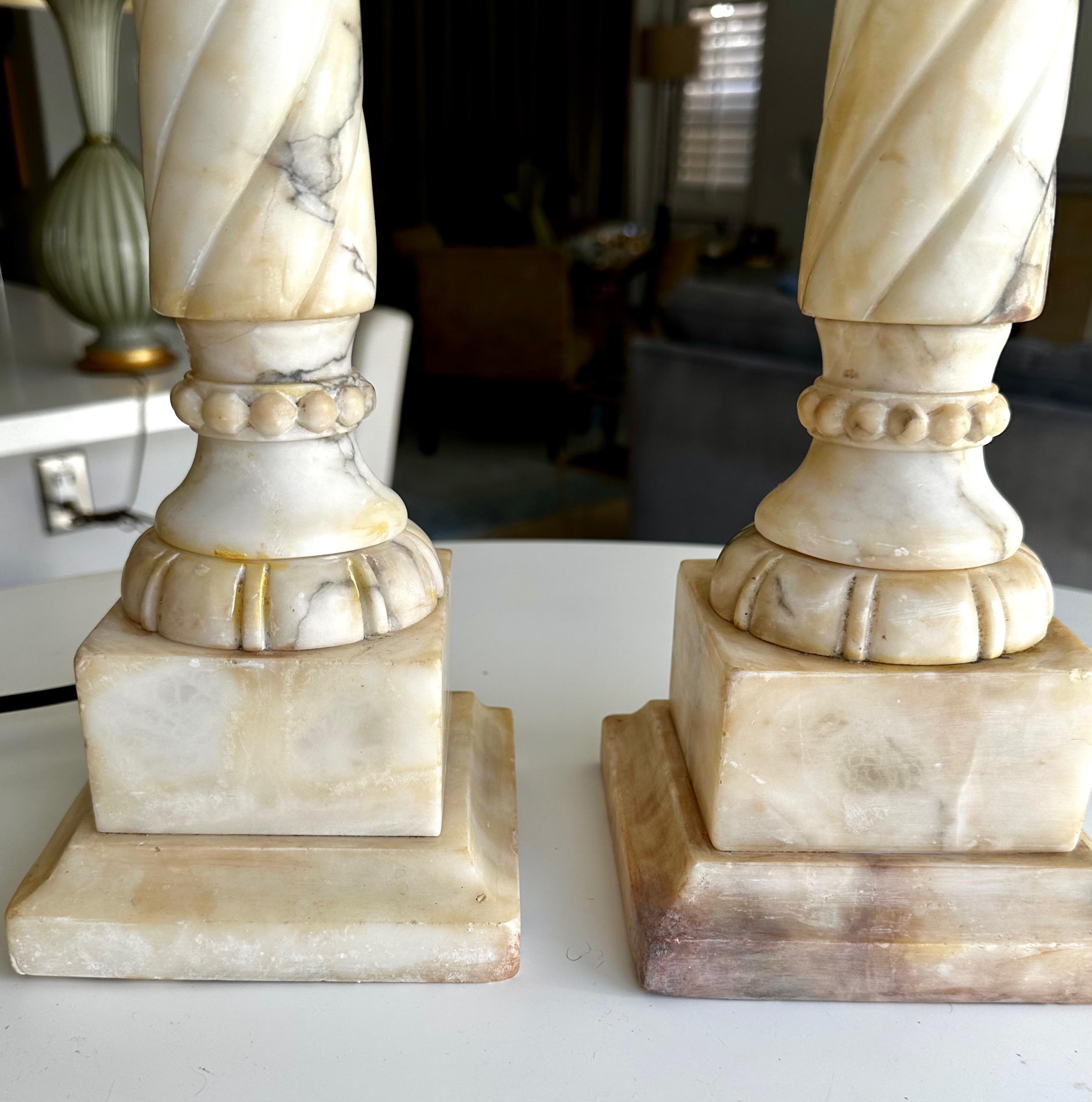 Pair Italian Neoclassic Column Alabaster Table Lamps 5