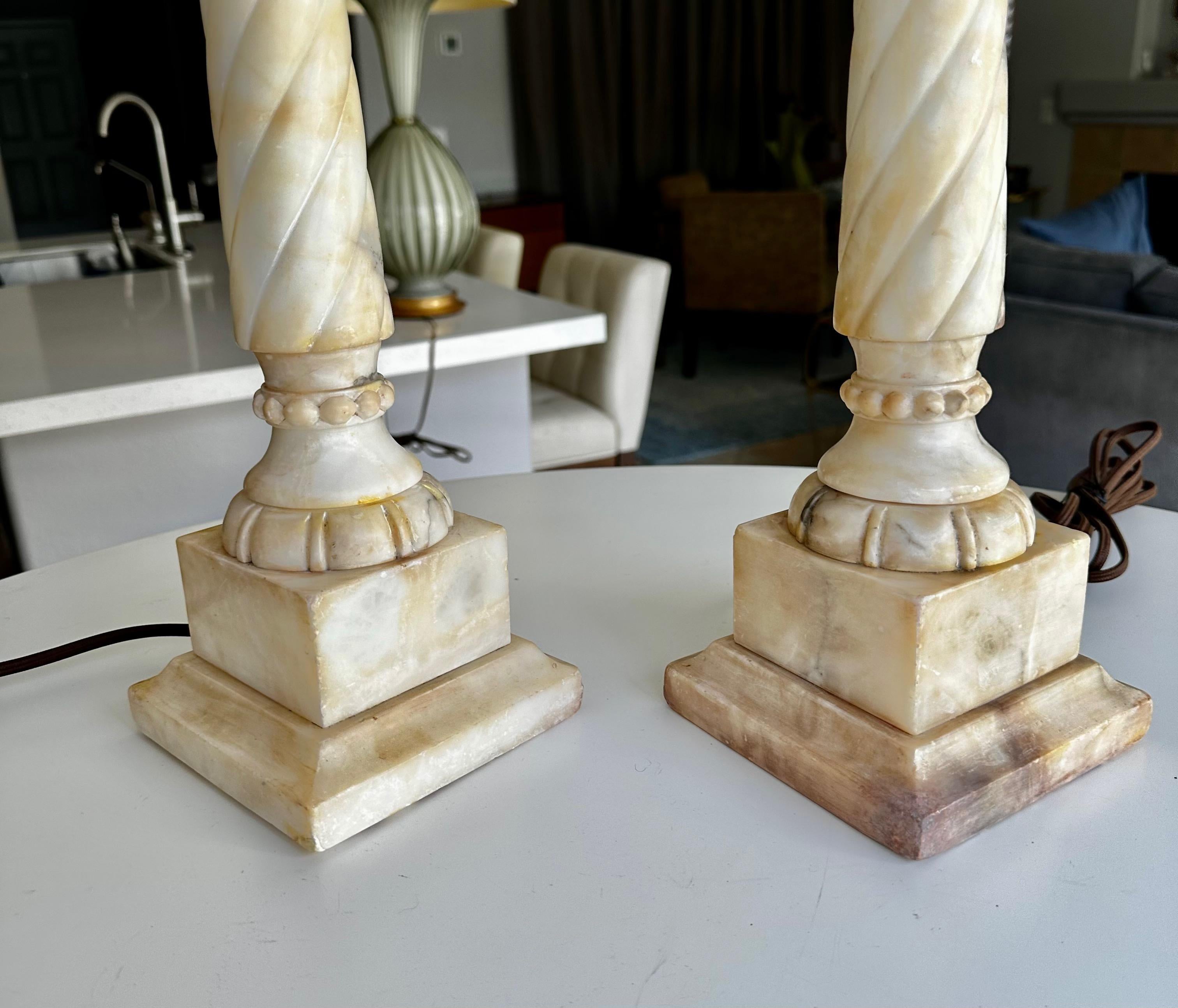 Pair Italian Neoclassic Column Alabaster Table Lamps 6