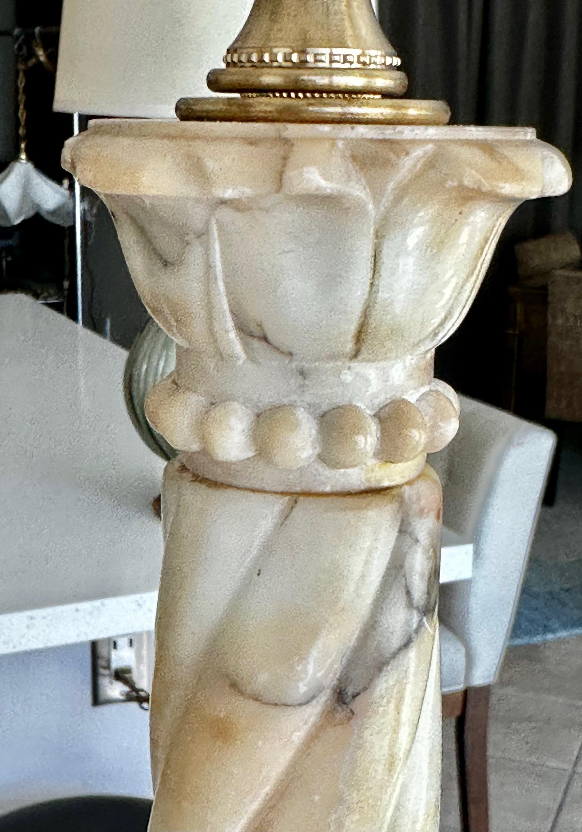 Pair Italian Neoclassic Column Alabaster Table Lamps 7