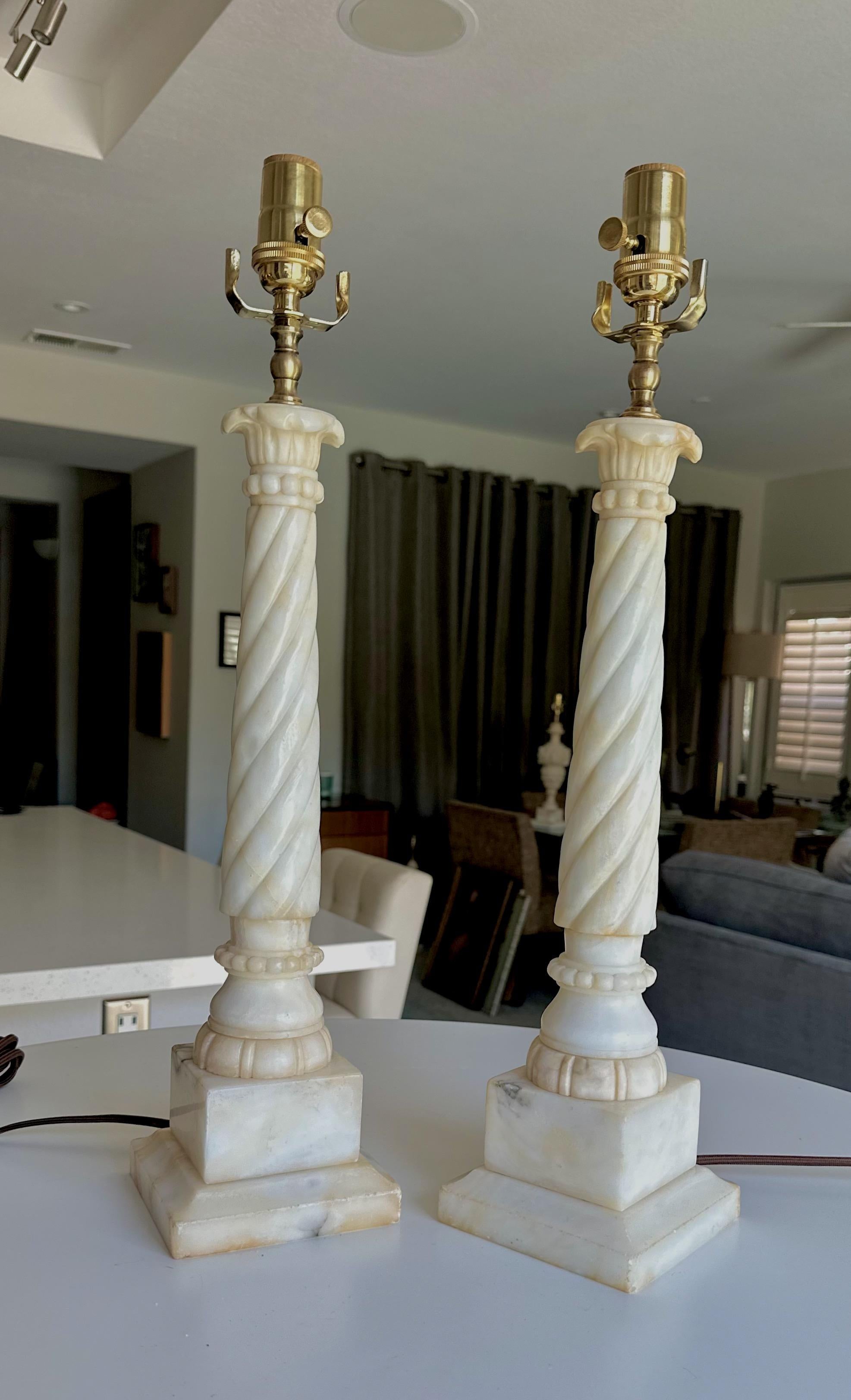 Pair Italian Neoclassic Column Alabaster Table Lamps For Sale 11