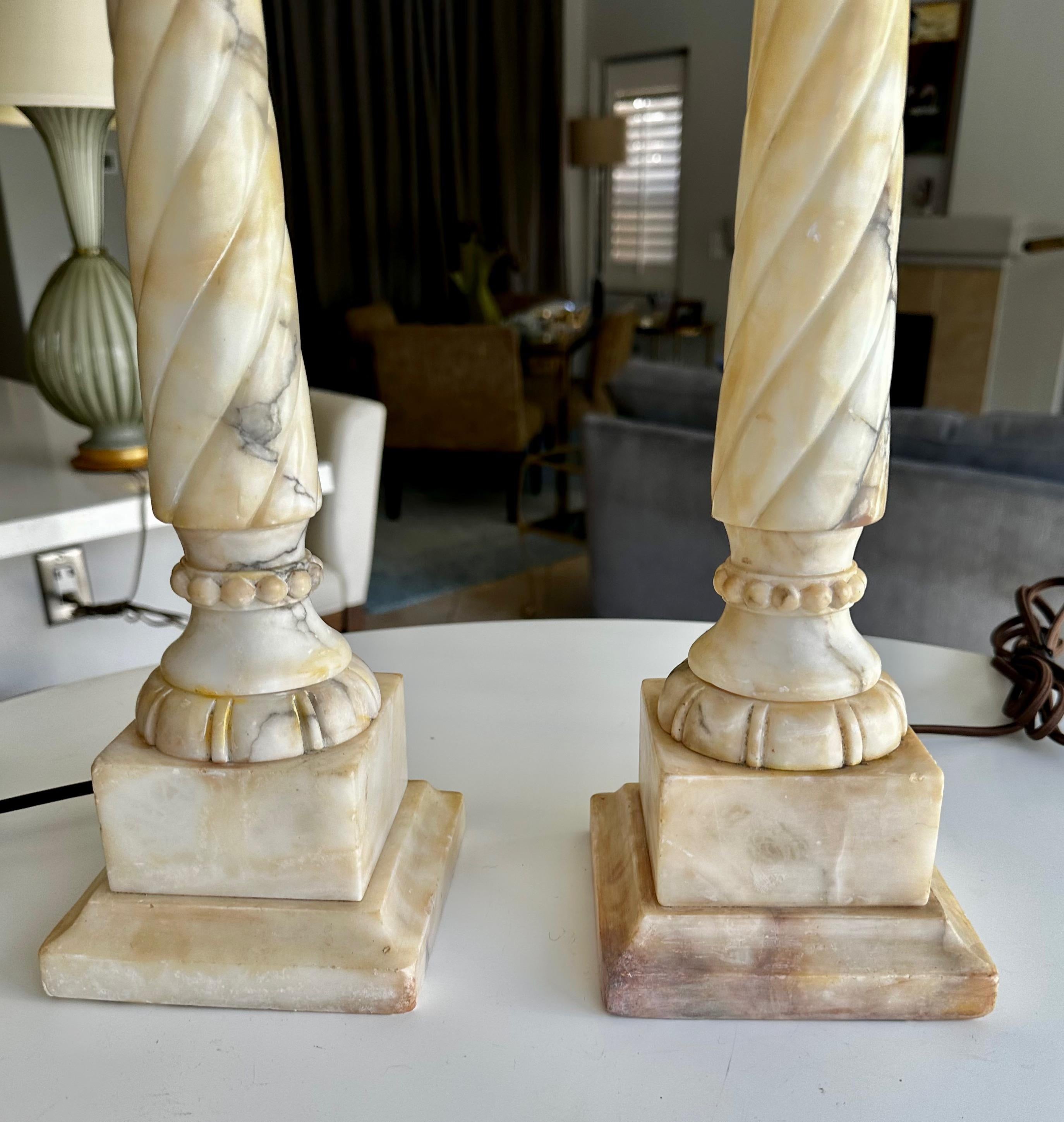 Pair Italian Neoclassic Column Alabaster Table Lamps 10